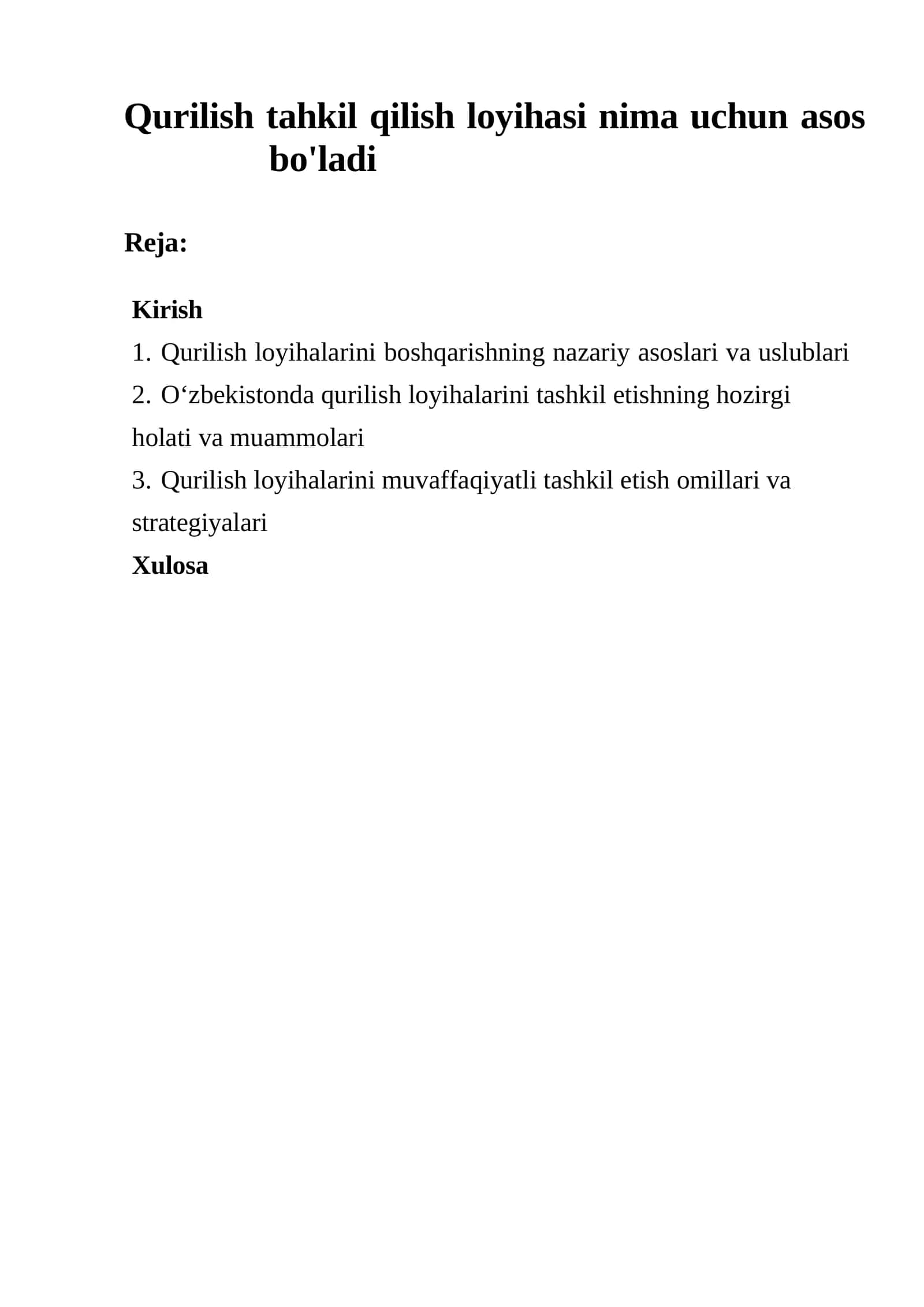 Qurilish loyihalarini boshqarishning nazariy asoslari va uslublari 1