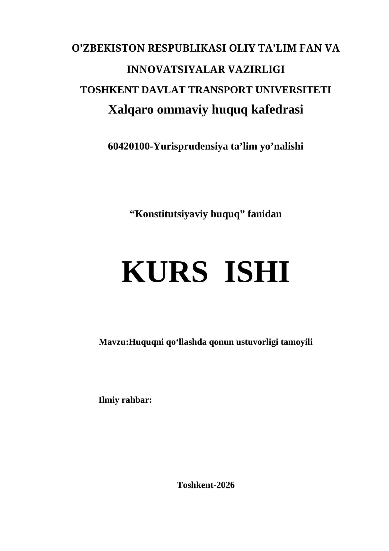 Huquqni qoʻllashda qonun ustuvorligi tamoyili kurs ishi 1