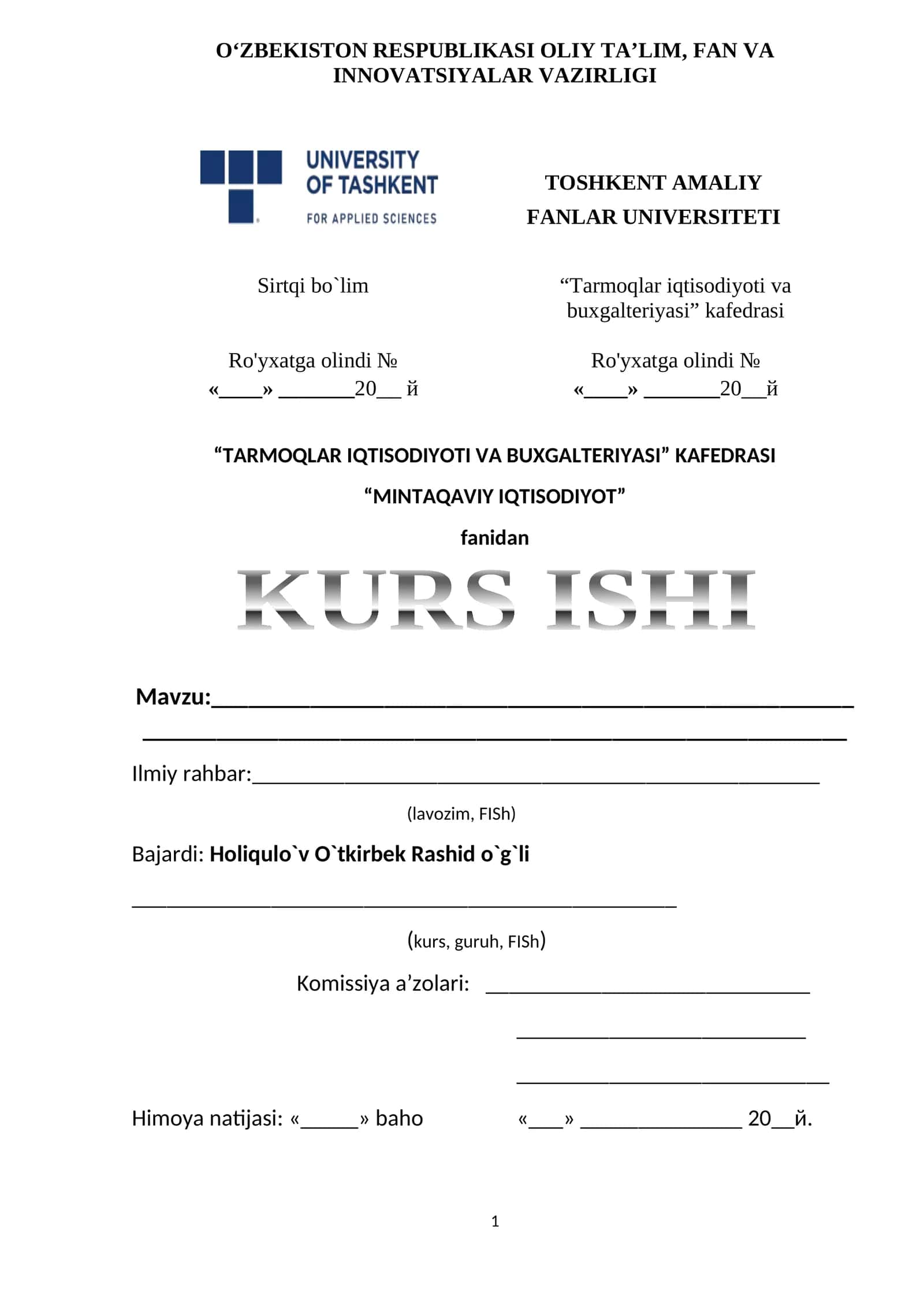 KURS ISHI "MINTAQAVIY IQTISODIYOT" 1