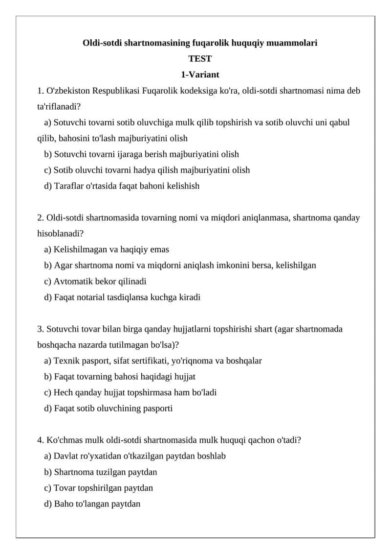 Oldi-sotdi shartnomasining fuqarolik huquqiy muammolari 1