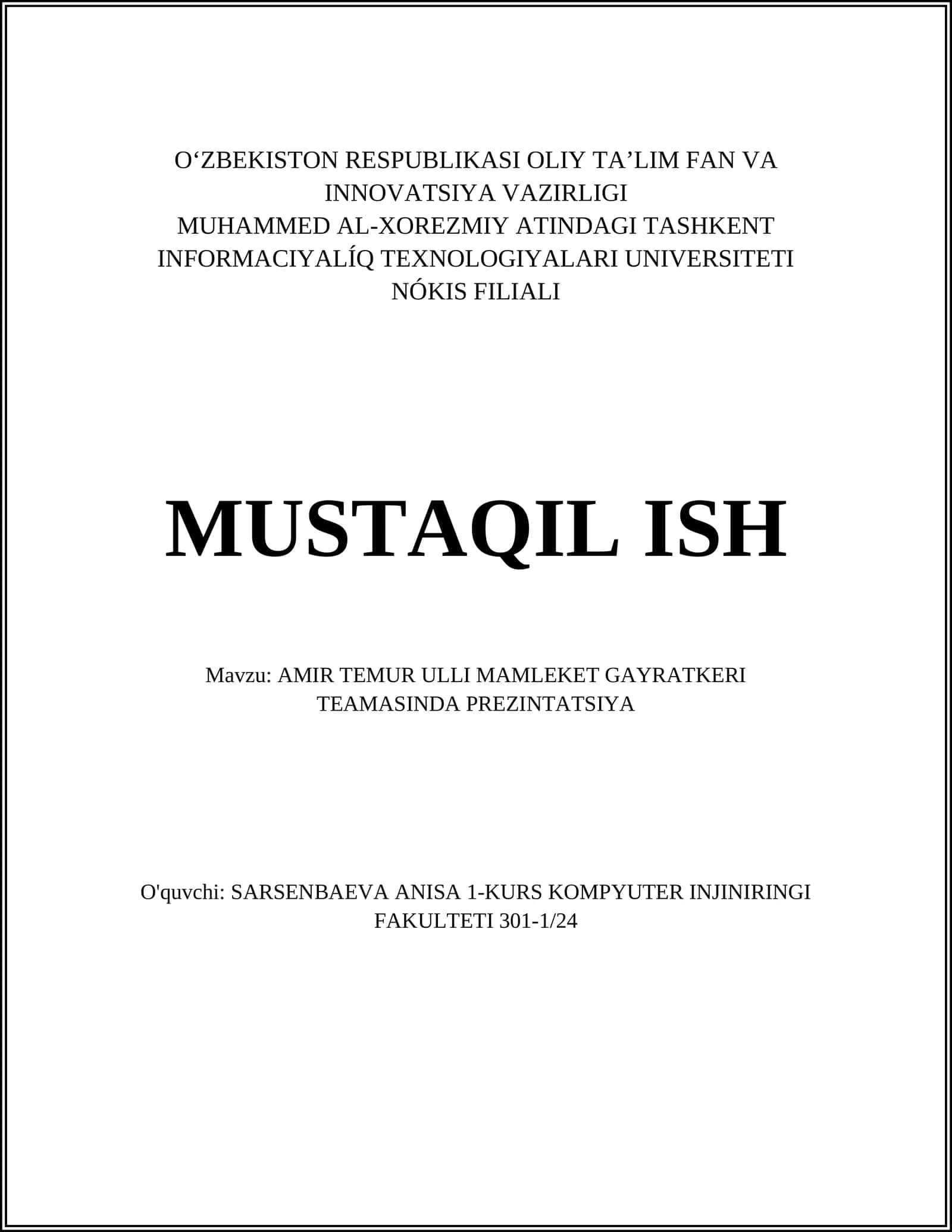 AMIR TEMUR ULLI MAMLEKET GAYRATKERI TEAMASINDA PREZINTATSIYA 1