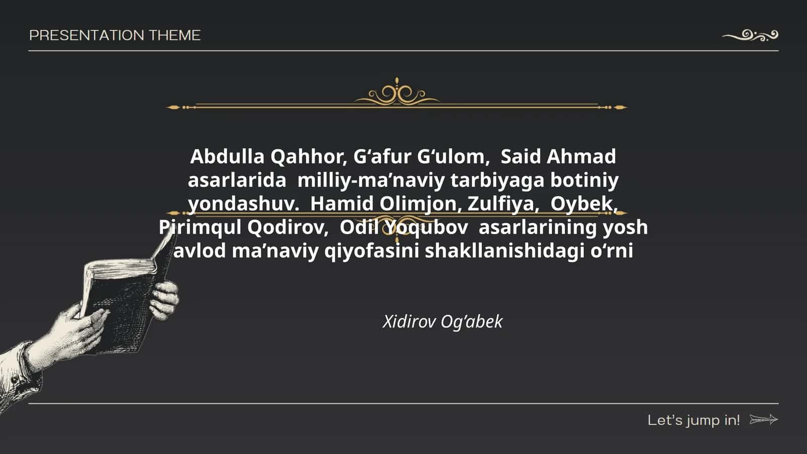 Abdulla Qahhor, G‘afur G‘ulom, Said Ahmad asarlarida milliy-ma’naviy tarbiyaga botiniy yondashuv. Hamid Olimjon, Zulfiya, Oybek, Pirimqul Qodirov, Odil Yoqubov asarlarining yosh avlod ma’naviy qiyofasini shakllanishidagi o‘rni 1