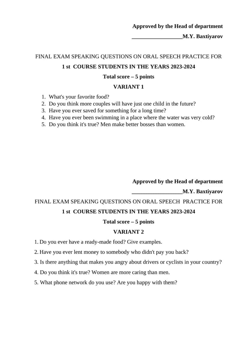 FINAL EXAM SPEAKING QUESTIONS ON ORAL SPEECH PRACTICE 1
