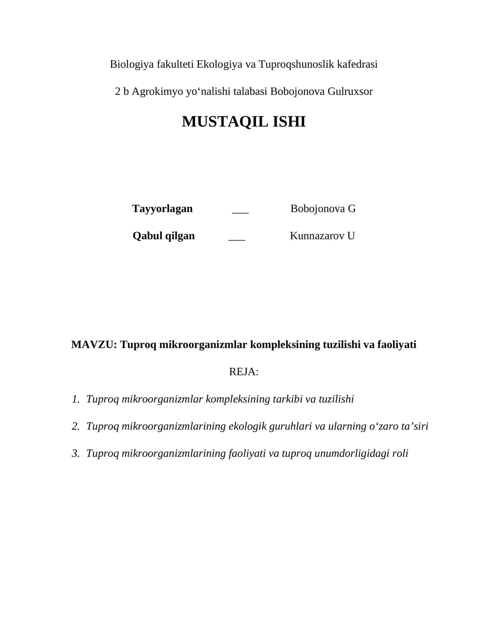 Tuproq mikroorganizmlar kompleksining tuzilishi va faoliyati 1