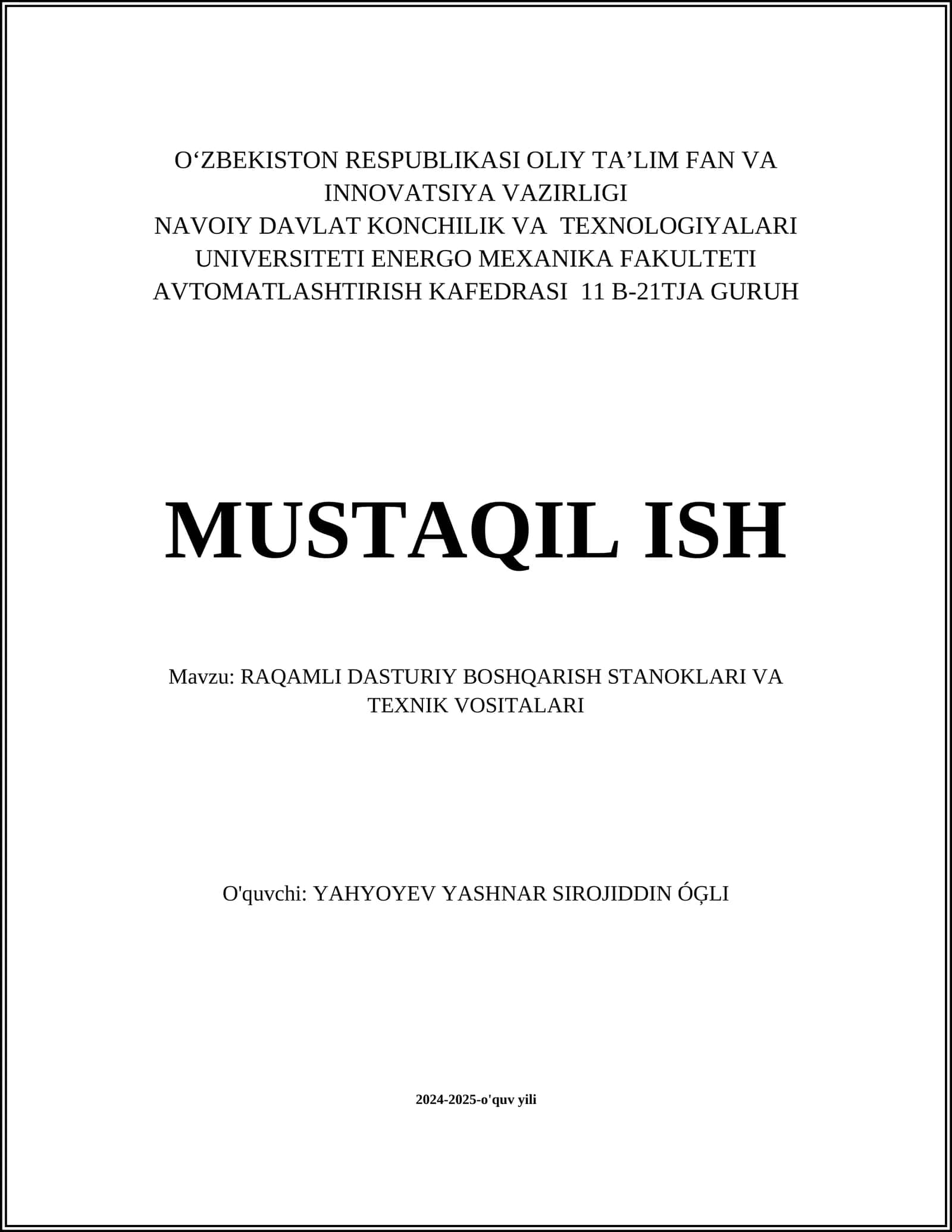 RAQAMLI DASTURIY BOSHQARISH STANOKLARI VA TEXNIK VOSITALARI 1