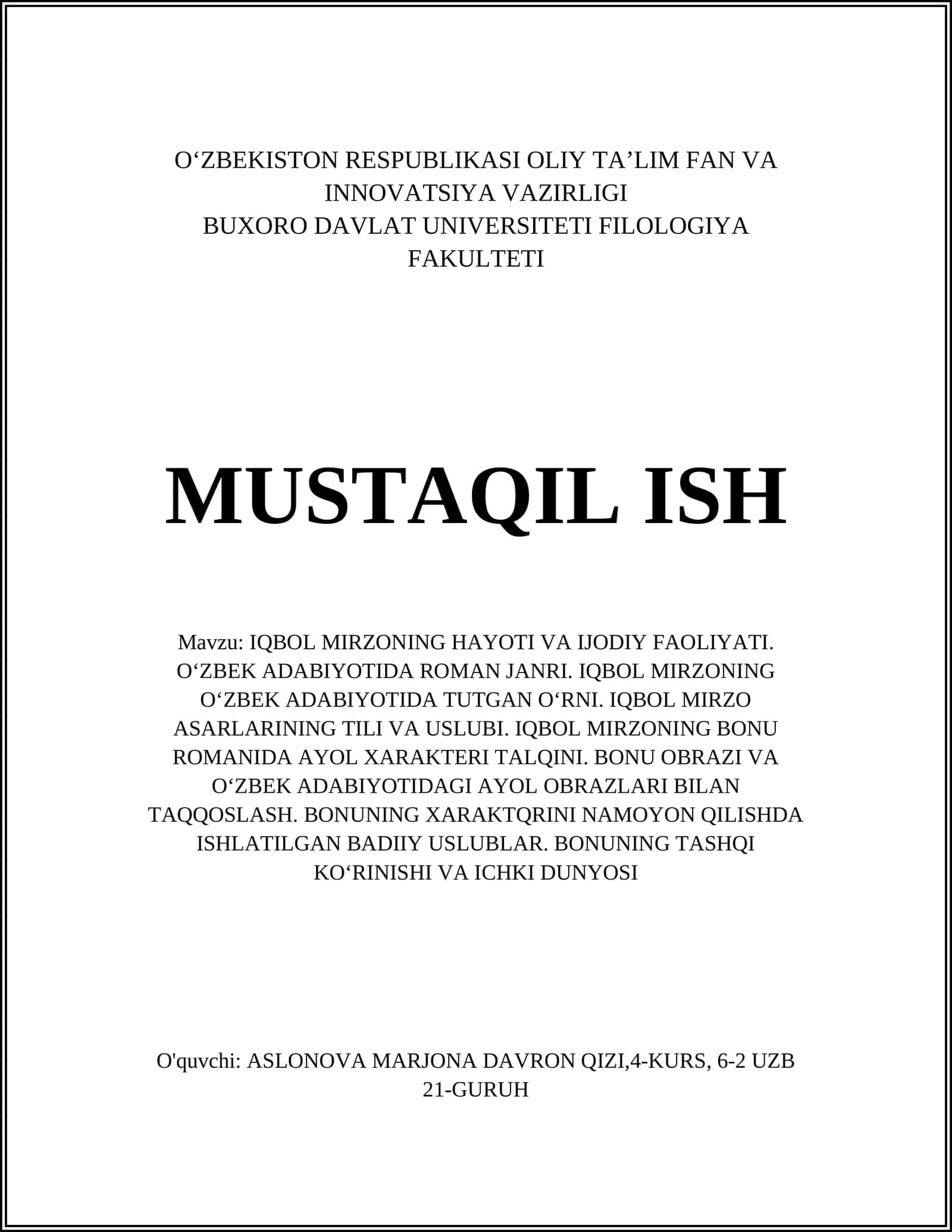 IQBOL MIRZONING HAYOTI VA IJODIY FAOLIYATI 1