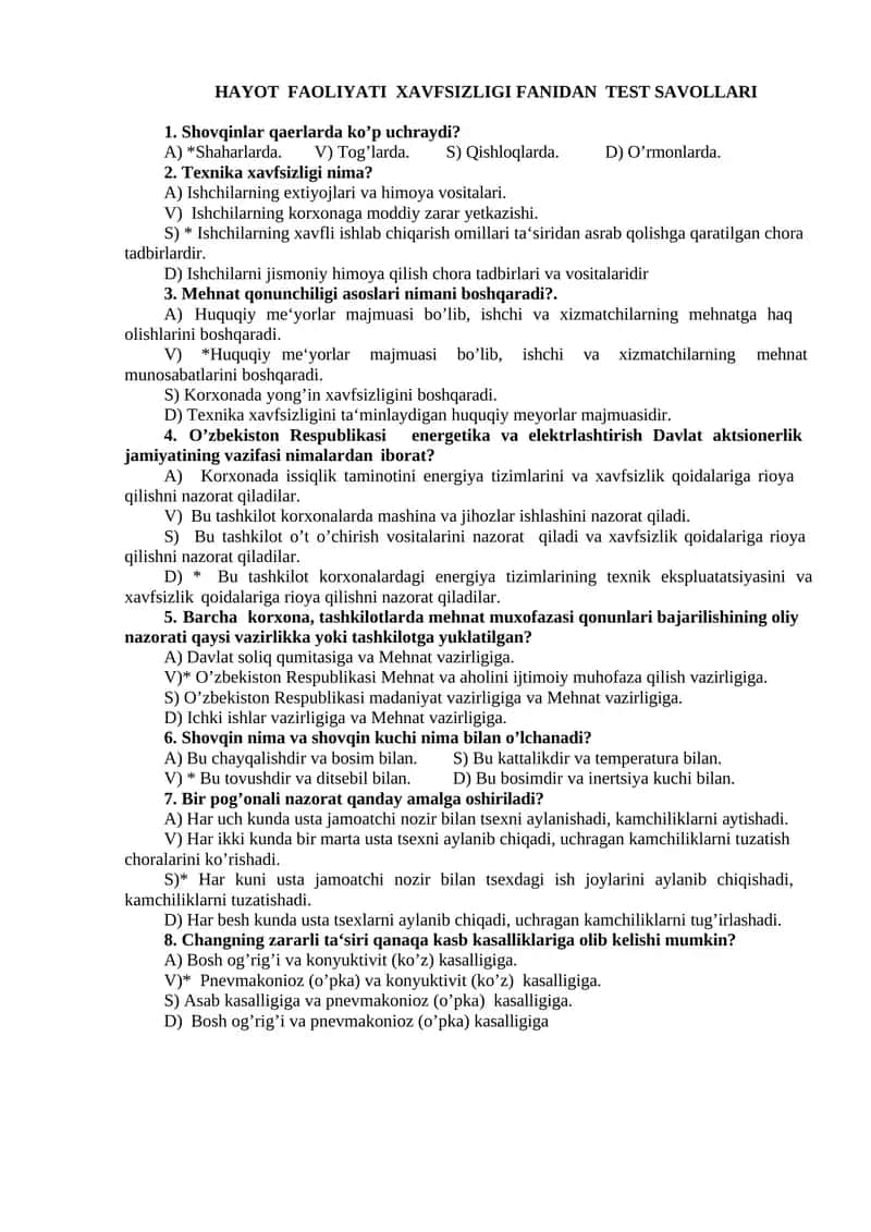 HAYOT FАОLIYATI ХАVFSIZLIGI FАNIDAN TEST SAVOLLARI 1