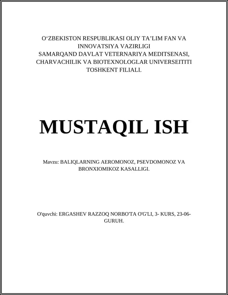 BALIQLARNING AEROMONOZ, PSEVDOMONOZ VA BRONXIOMIKOZ KASALLIGI 1