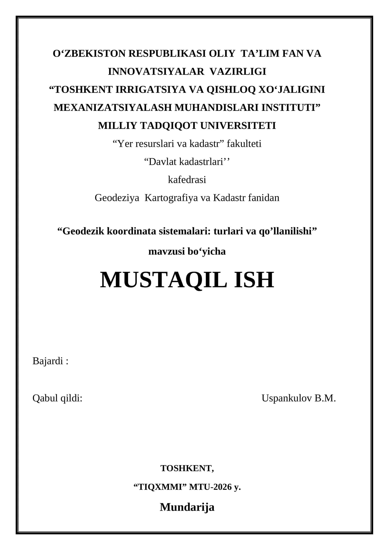 Geodezik koordinata sistemalari turlari va qo’llanilishi 1