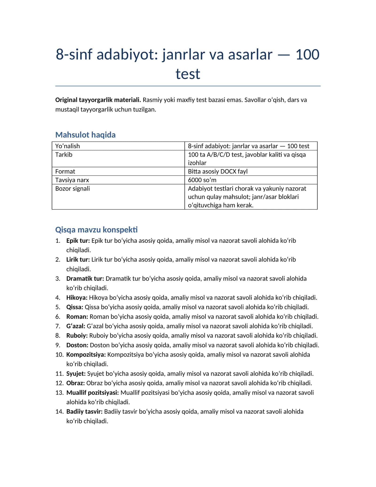 8-sinf adabiyot: janrlar va asarlar — 100 test 1