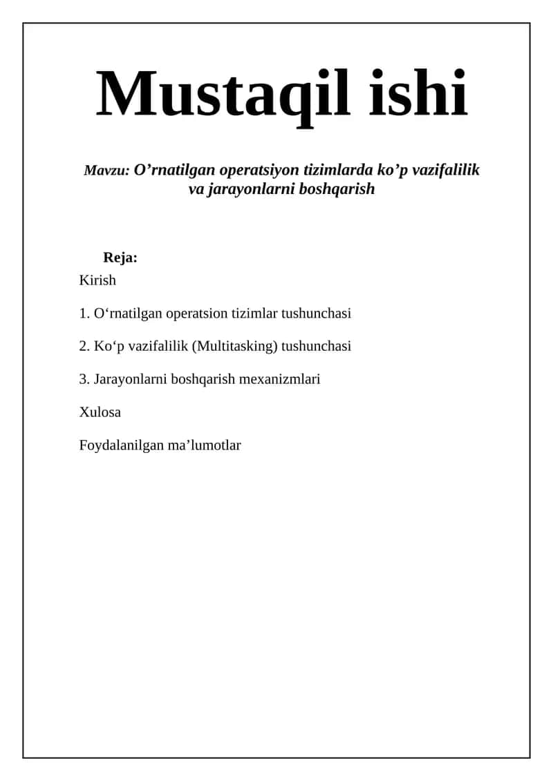 O’rnatilgan operatsiyon tizimlarda ko’p vazifalilik va jarayonlarni boshqarish 1