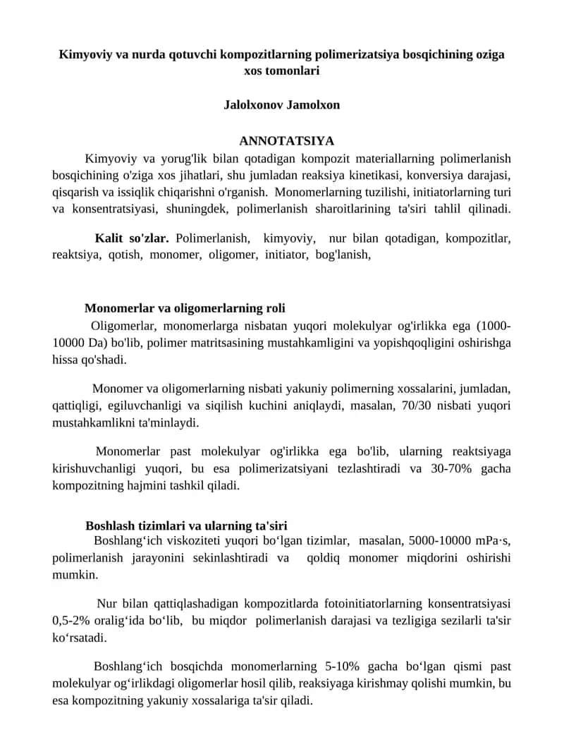 Monomerlar va oligomerlarning roli 1