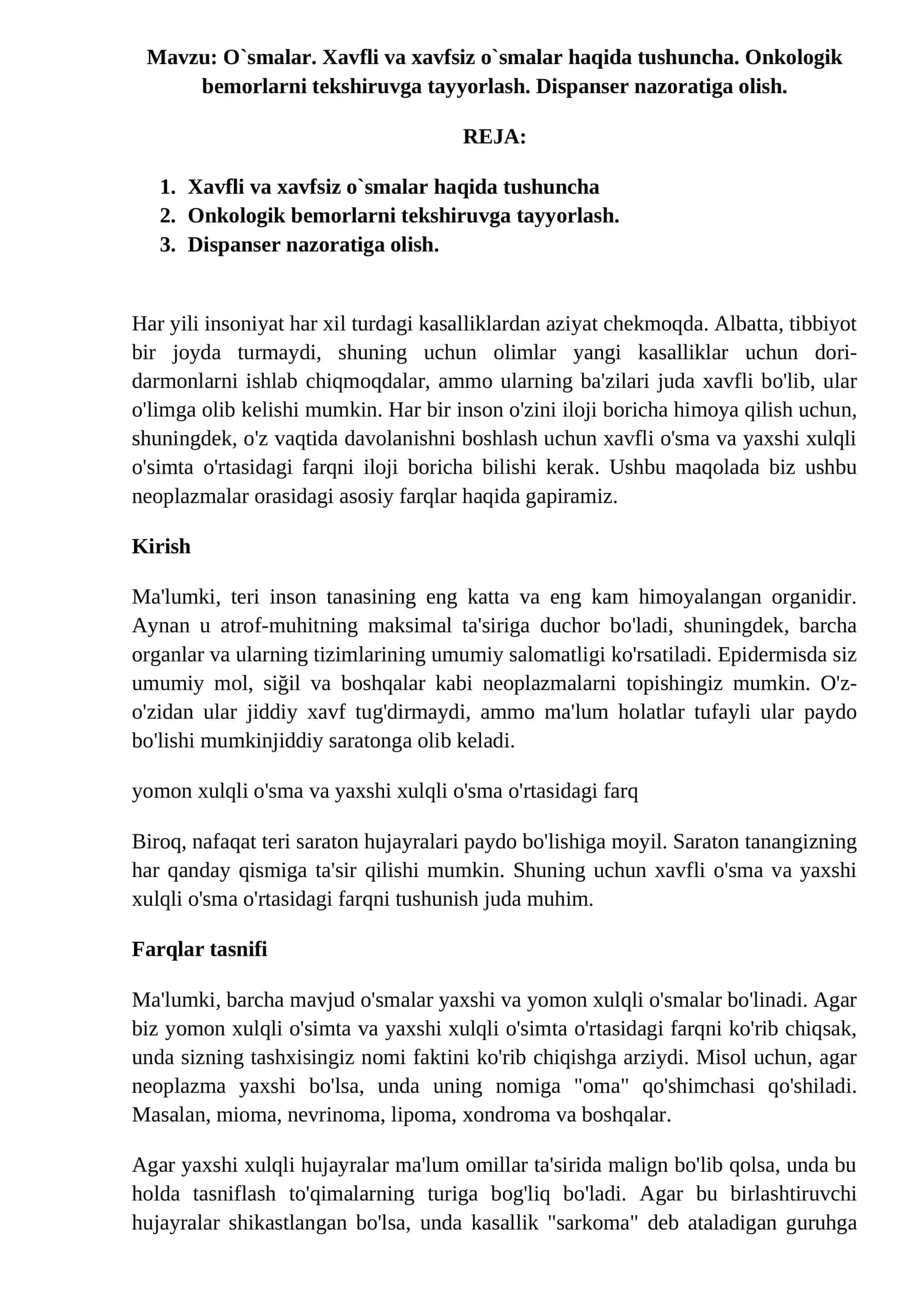 O`smalar. Xavfli va xavfsiz o`smalar haqida tushuncha 1
