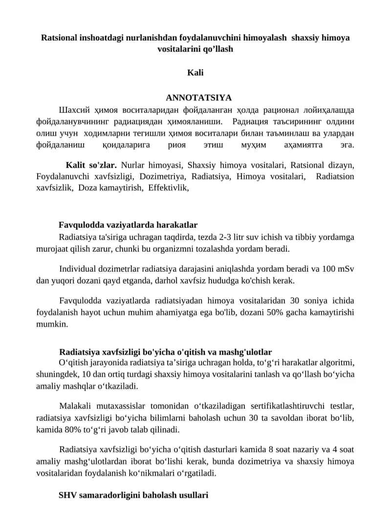 Ratsional inshoatdagi nurlanishdan foydalanuvchini himoyalash shaxsiy himoya vositalarini qoʼllash 1