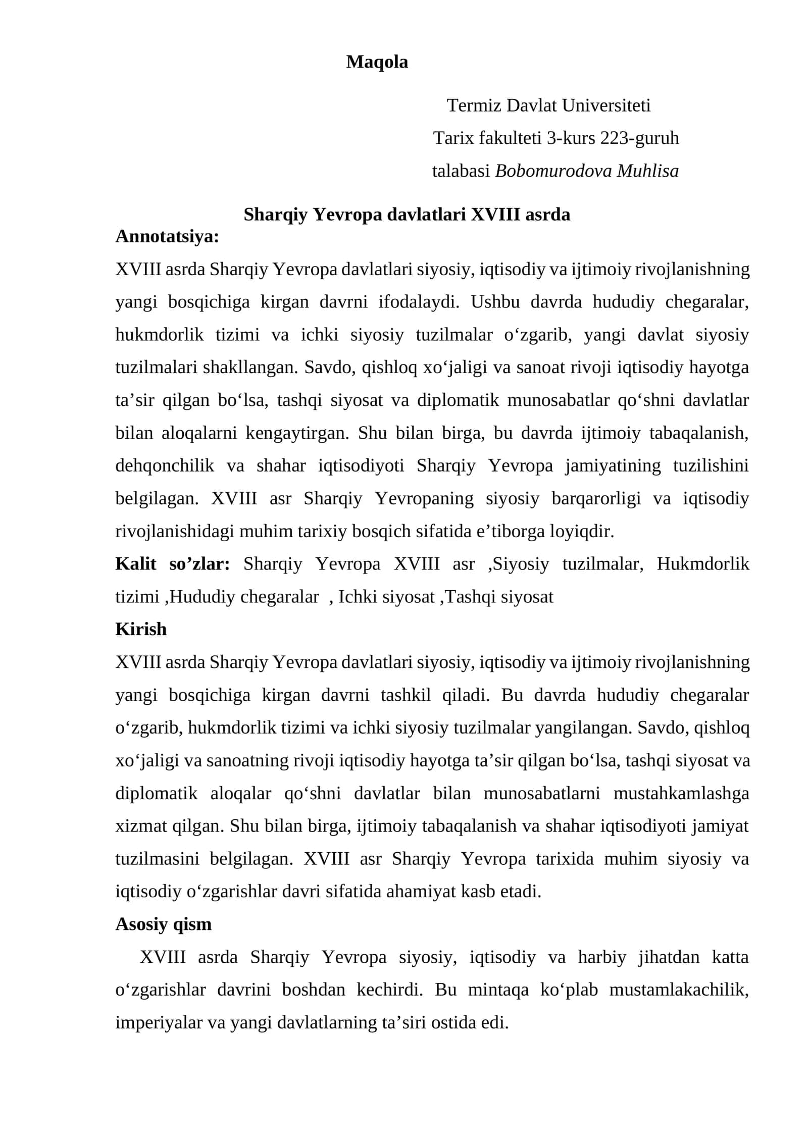 Sharqiy Yevropa davlatlari siyosiy, iqtisodiy va ijtimoiy rivojlanishi XVIII asrda 1