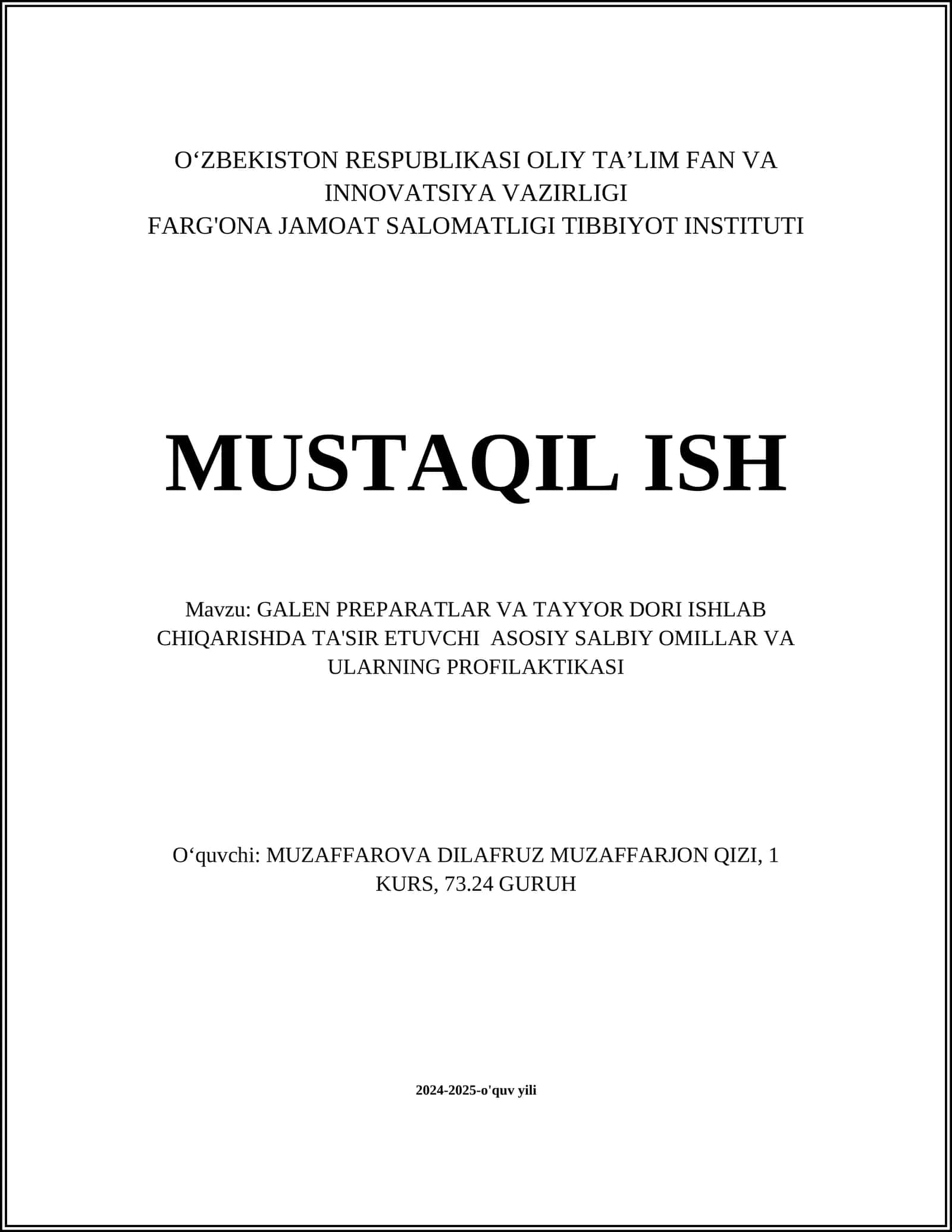 GALEN PREPARATLAR VA TAYYOR DORI ISHLAB CHIQARISHDA TA'SIR ETUVCHI ASOSIY SALBIY OMILLAR VA ULARNING PROFILAKTIKASI 1