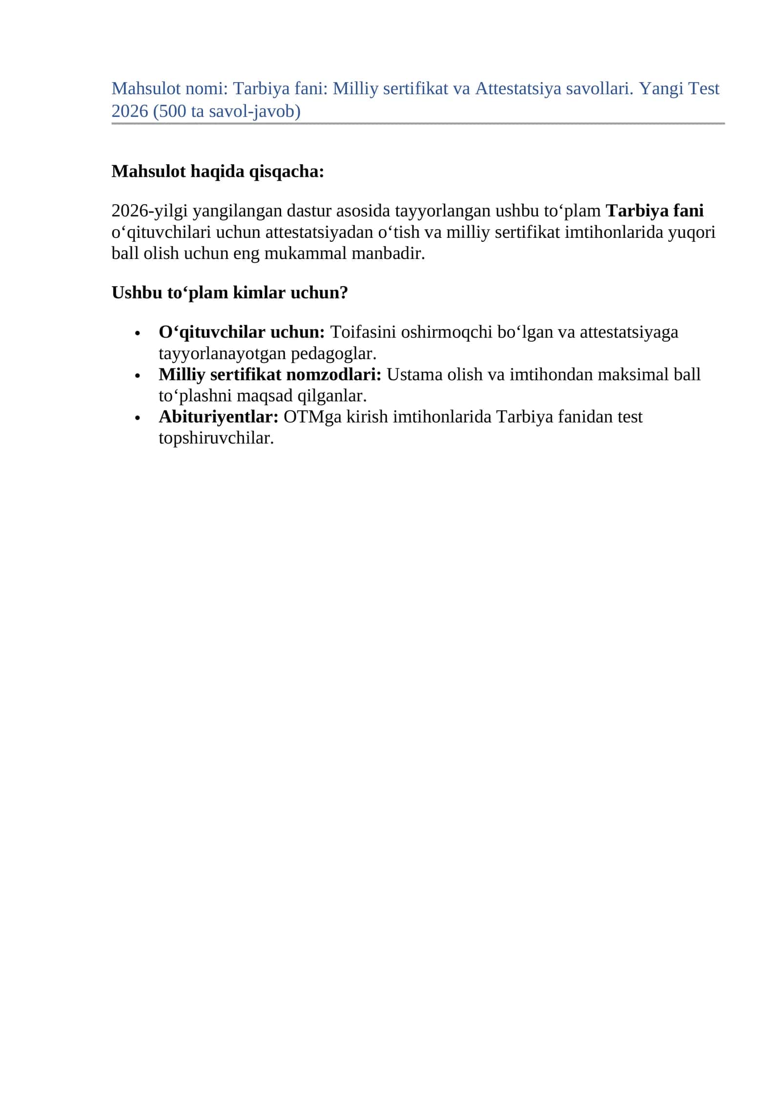 Tarbiya fani: Milliy sertifikat va Attestatsiya savollari. Yangi Test 2026 (500 ta savol-javob) 1