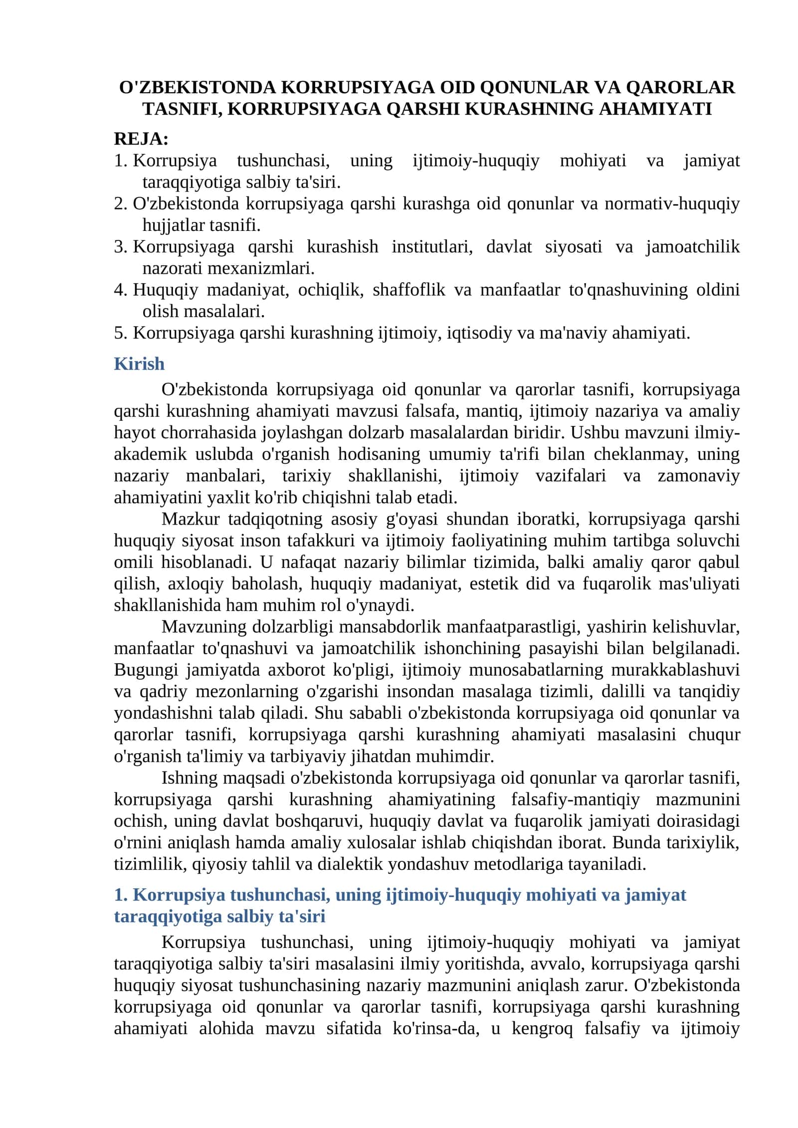 O'ZBEKISTONDA KORRUPSIYAGA OID QONUNLAR VA QARORLAR TASNIFI, KORRUPSIYAGA QARSHI KURASHNING AHAMIYATI 1