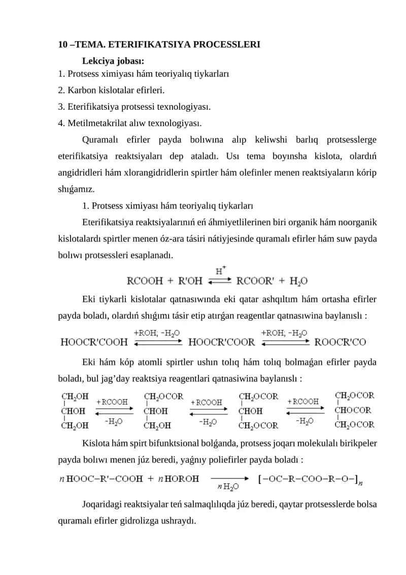 10 –TEMA. ETERIFIKATSIYA PROCESSLERI 1