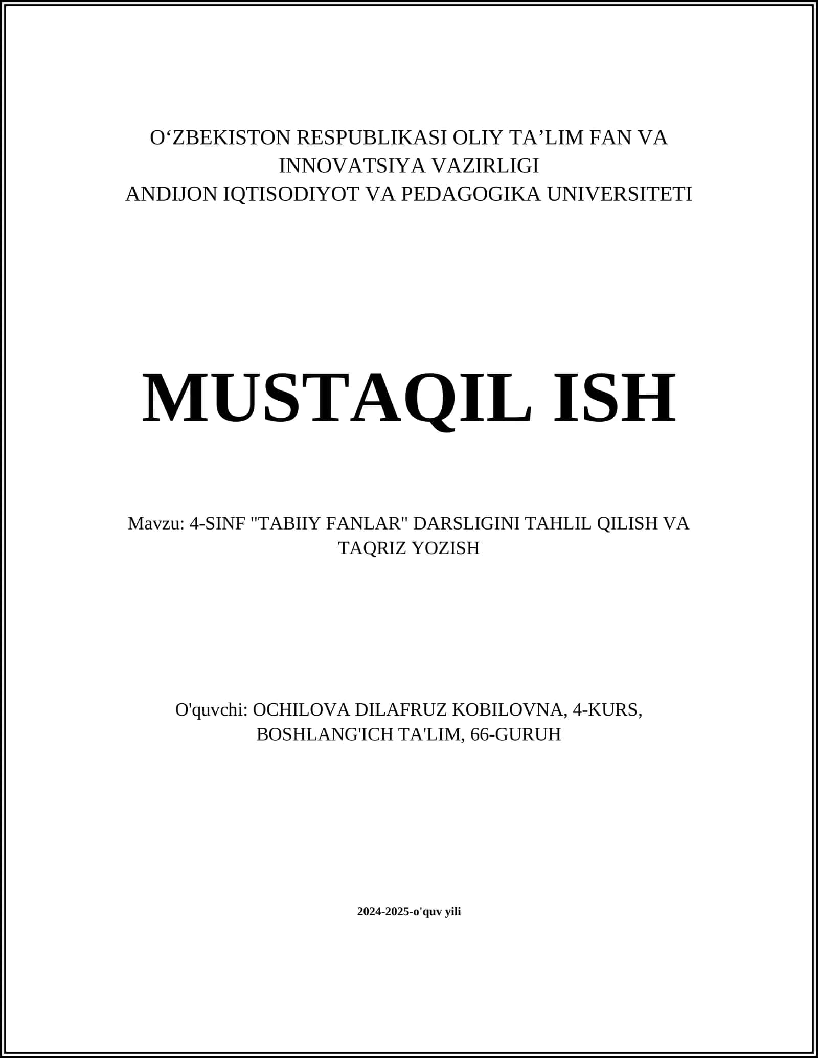 4-SINF "TABIIY FANLAR" DARSLIGINI TAHLIL QILISH VA TAQRIZ YOZISH 1