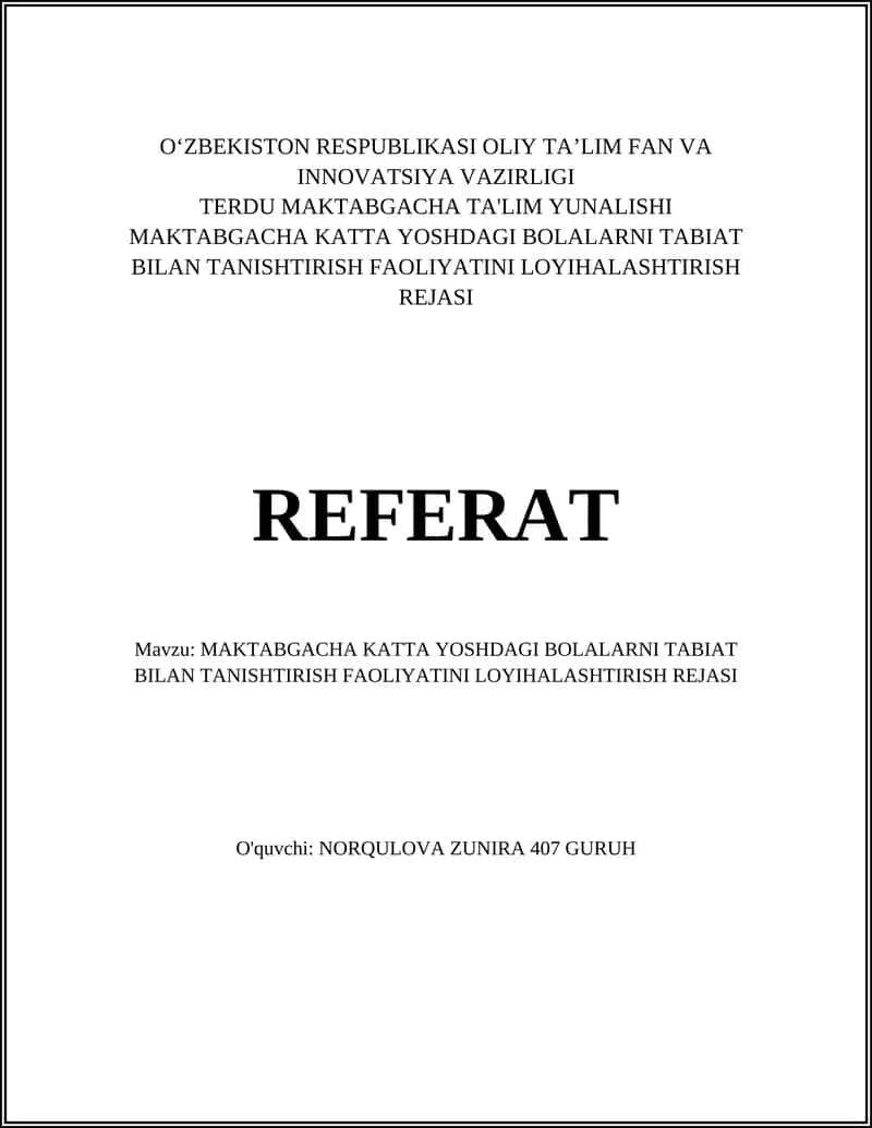 MAKTABGACHA KATTA YOSHDAGI BOLALARNI TABIAT BILAN TANISHTIRISH FAOLIYATINI LOYIHALASHTIRISH REJASI 1