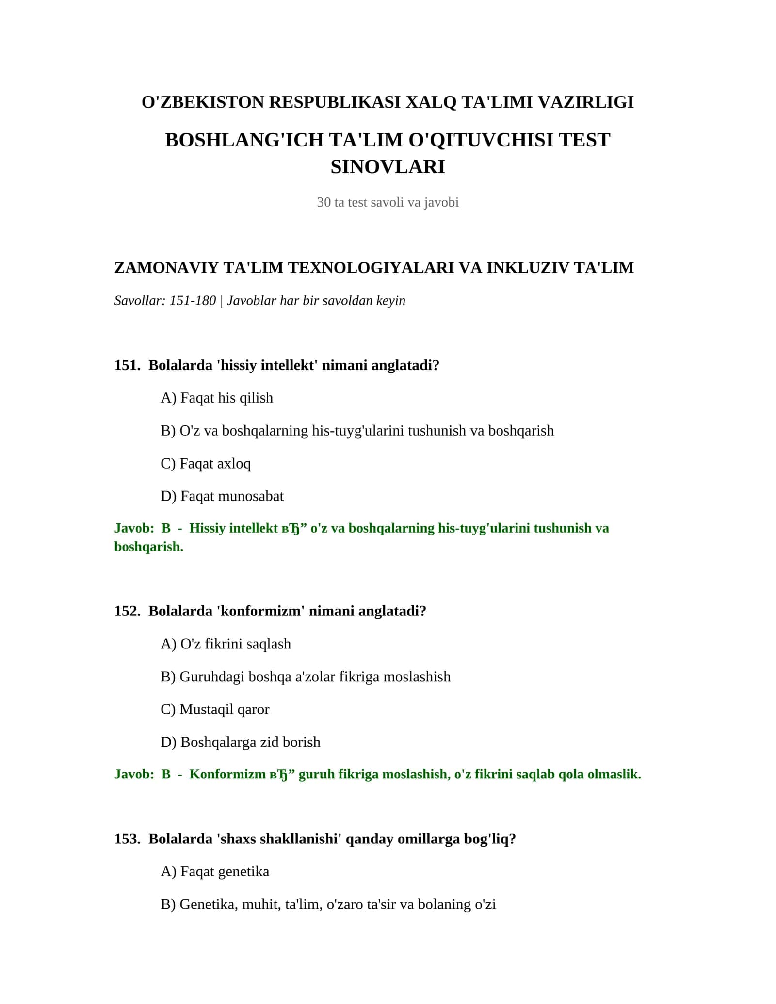 BOSHLANG'ICH TA'LIM O'QITUVCHISI TEST SINOVLARI 1
