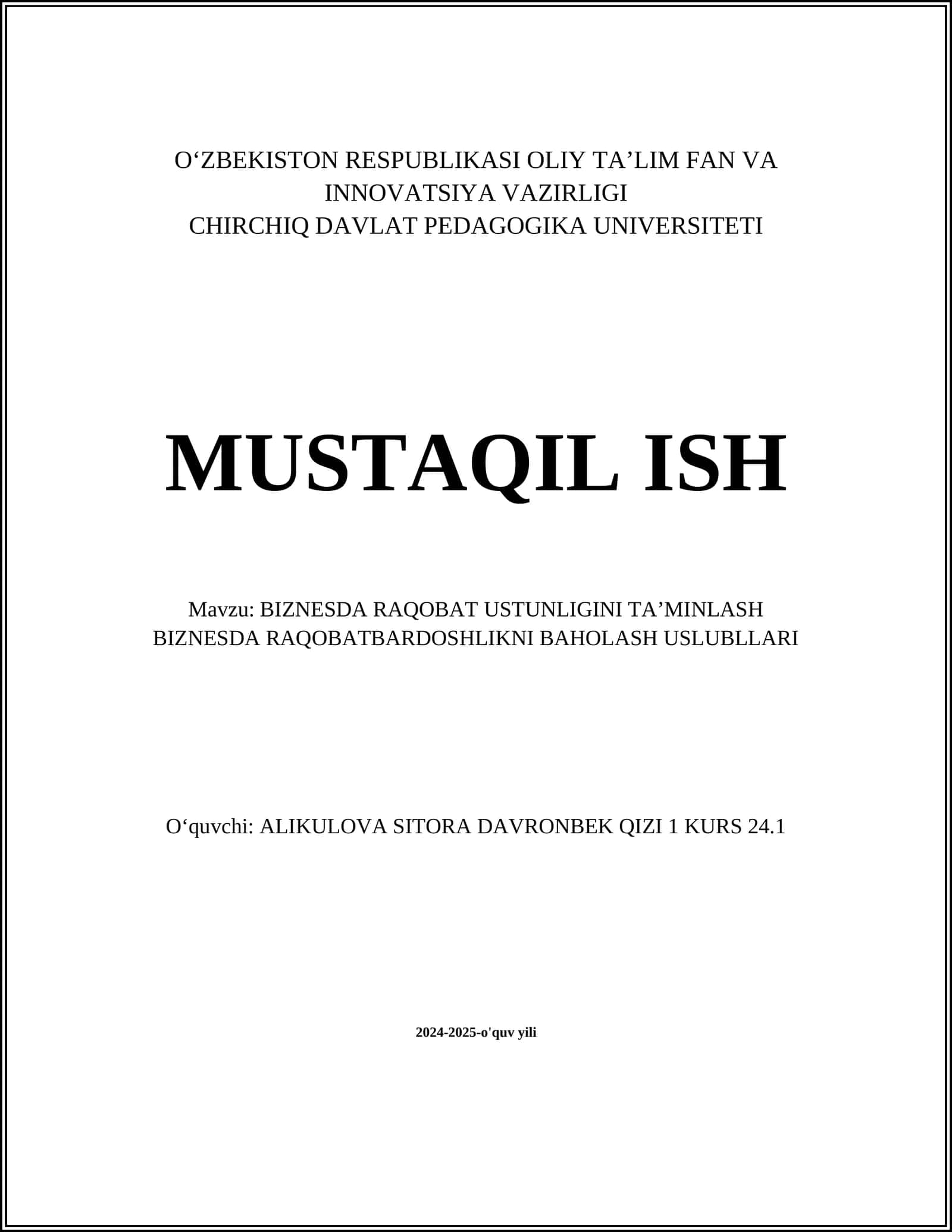 BIZNESDA RAQOBAT USTUNLIGINI TA’MINLASH BIZNESDA RAQOBATBARDOSHLIKNI BAHOLASH USLUBLLARI 1