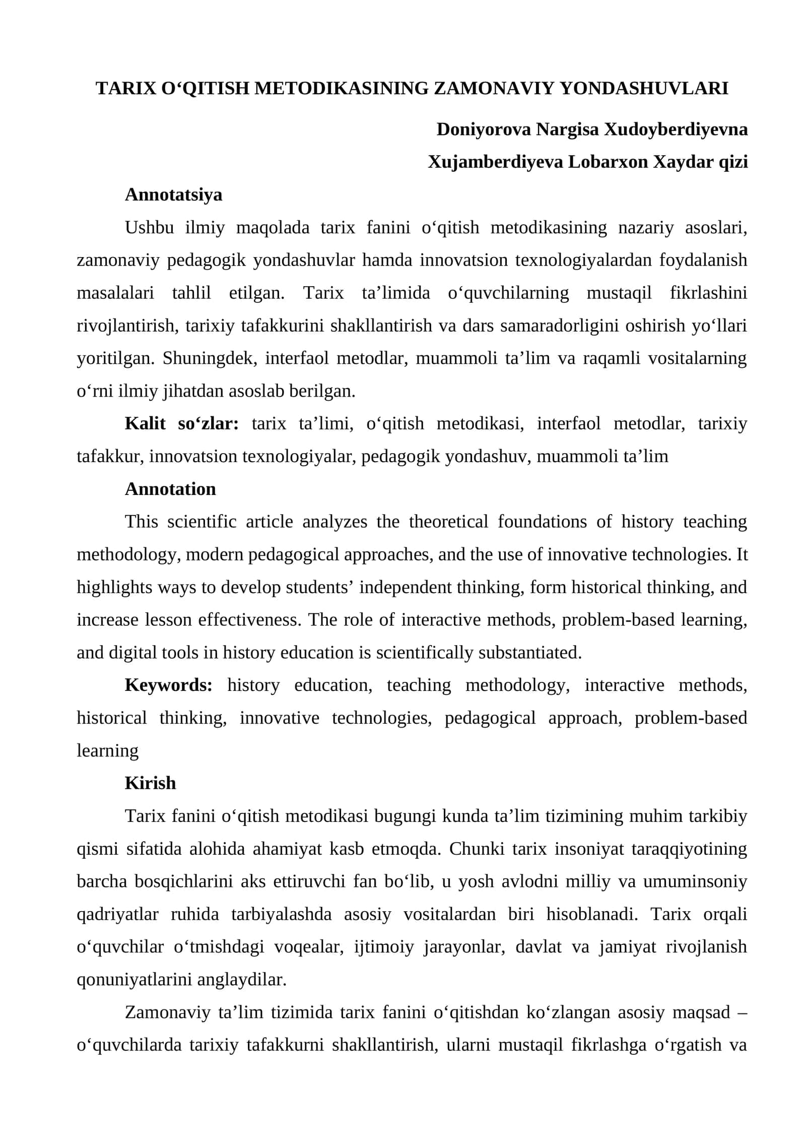 TARIX O‘QITISH METODIKASINING ZAMONAVIY YONDASHUVLARI 1