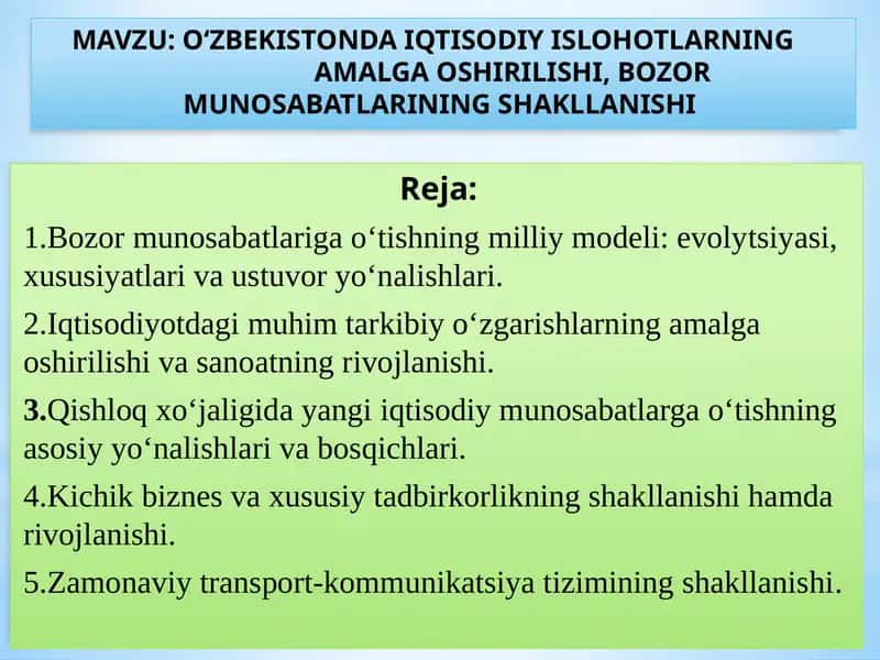 O‘ZBEKISTONDA IQTISODIY ISLOHOTLARNINGAMALGA OSHIRILISHI, BOZOR MUNOSABATLARINING SHAKLLANISHI 1