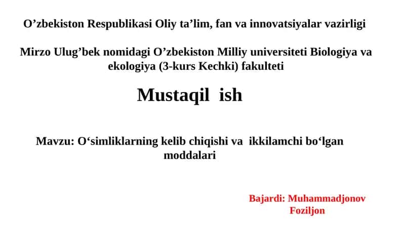 O'simliklar fiziologiyasi mustaqil ish 1