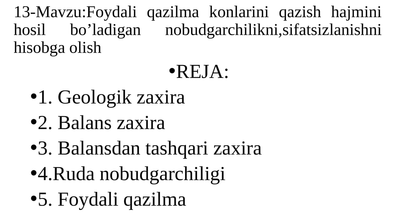 Foydali qazilma konlarini qazish hajmini hosil bo’ladigan nobudgarchilikni,sifatsizlanishni hisobga olish 1