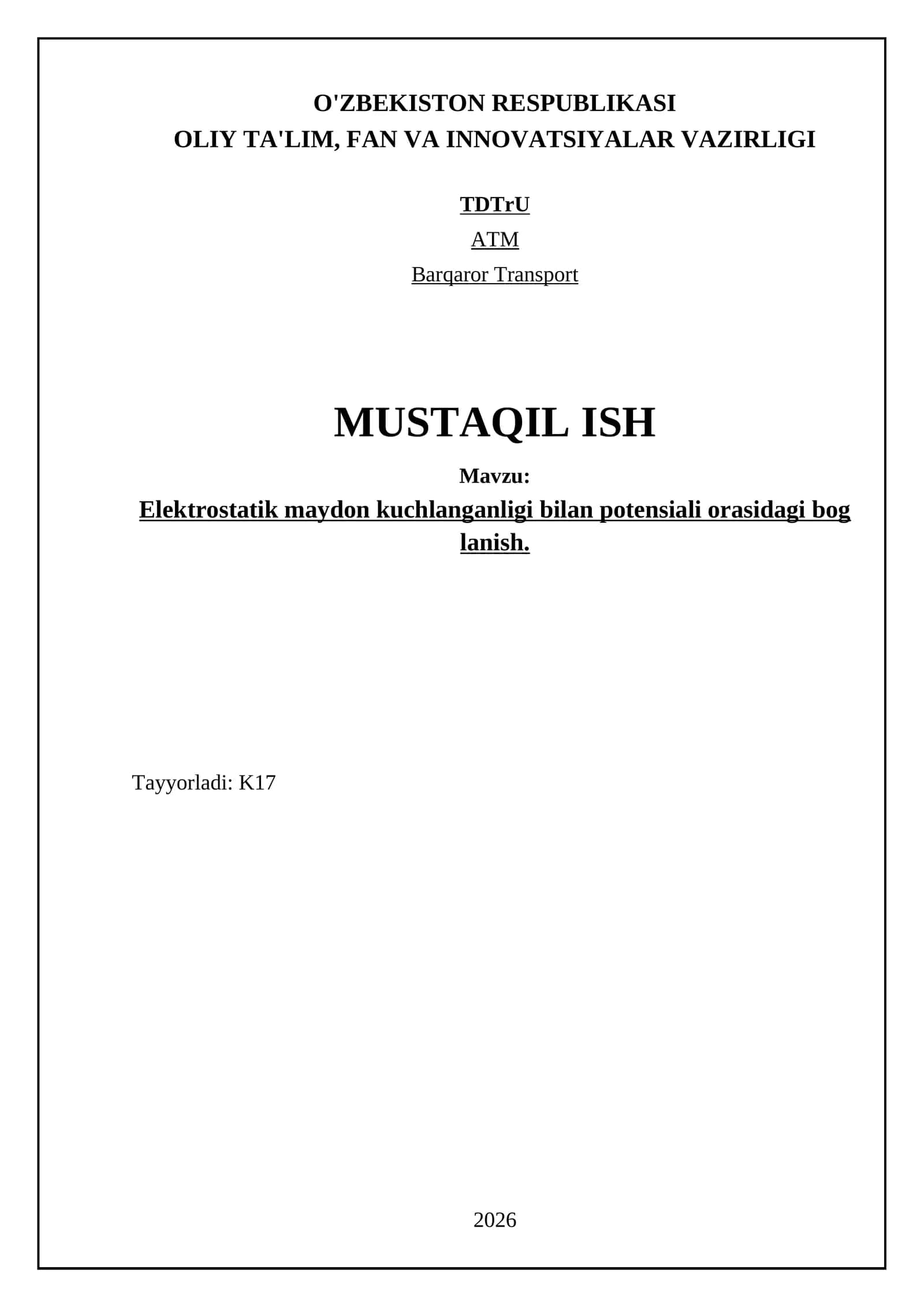 Elektrostatik maydon kuchlanganligi bilan potensiali orasidagi bog lanish 1