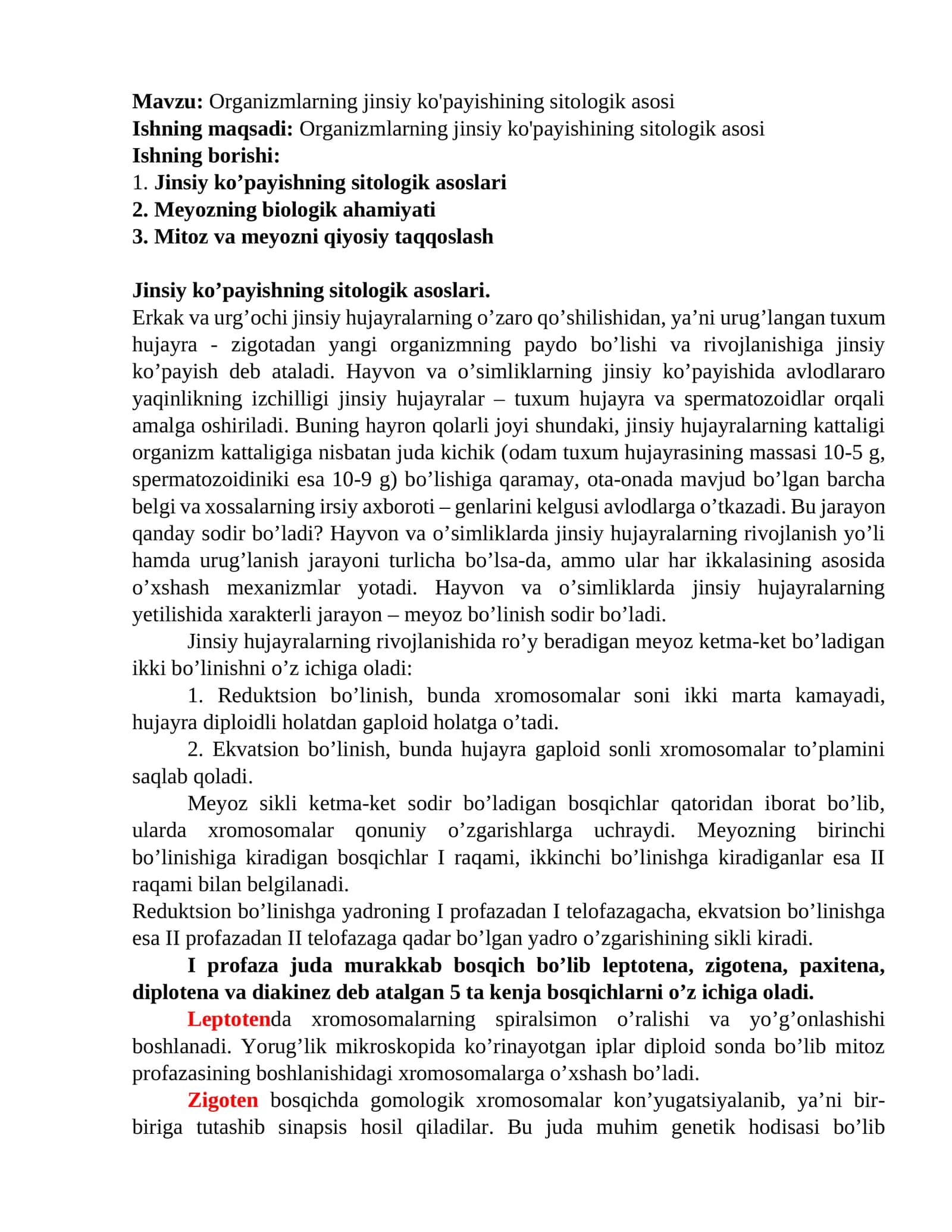 Organizmlarning jinsiy ko'payishining sitologik asosi 1