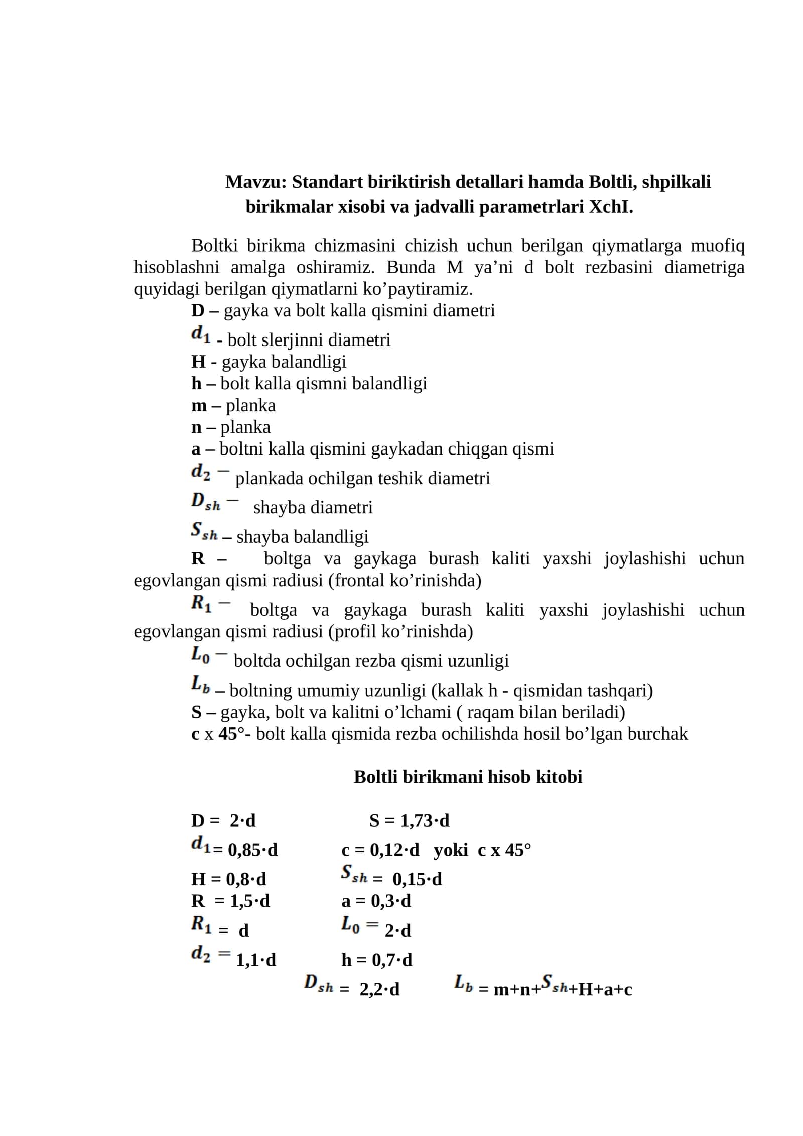 Standart biriktirish detallari hamda Boltli, shpilkali birikmalar xisobi va jadvalli parametrlari XchI 1