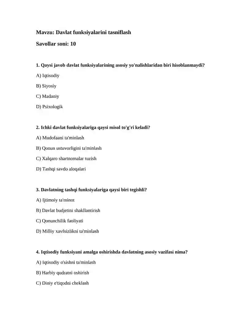 Davlat funksiyalarini tasniflash Test Savollari