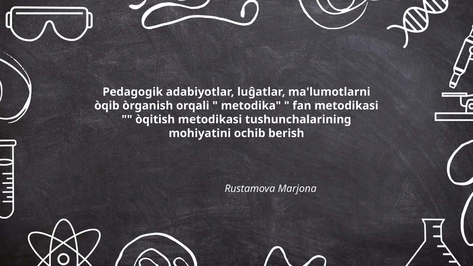 Pedagogik adabiyotlar, luĝatlar, ma'lumotlarni òqib òrganish orqali " metodika" " fan metodikasi "" òqitish metodikasi tushunchalarining mohiyatini ochib berish 1