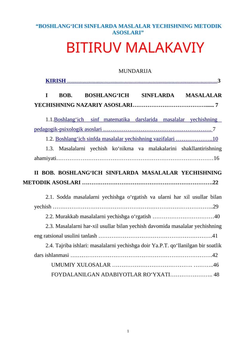 “BОSHLАNG‘ICH SINFLАRDА MASLALAR YECHISHNING METODIK ASOSLARI” 1