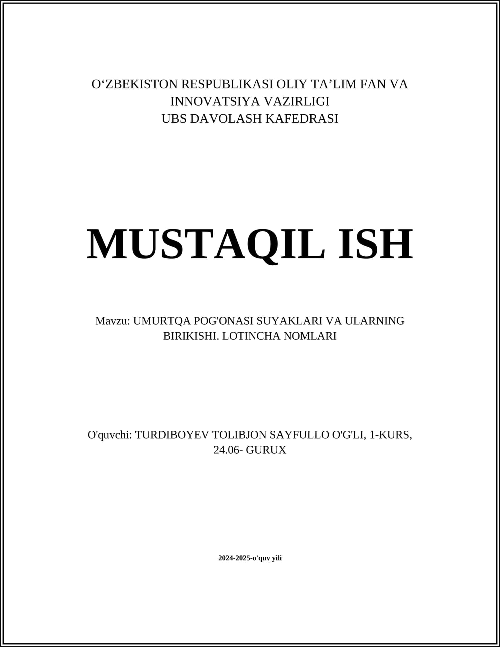 UMURTQA POG'ONASI SUYAKLARI VA ULARNING BIRIKISHI. LOTINCHA NOMLARI 1