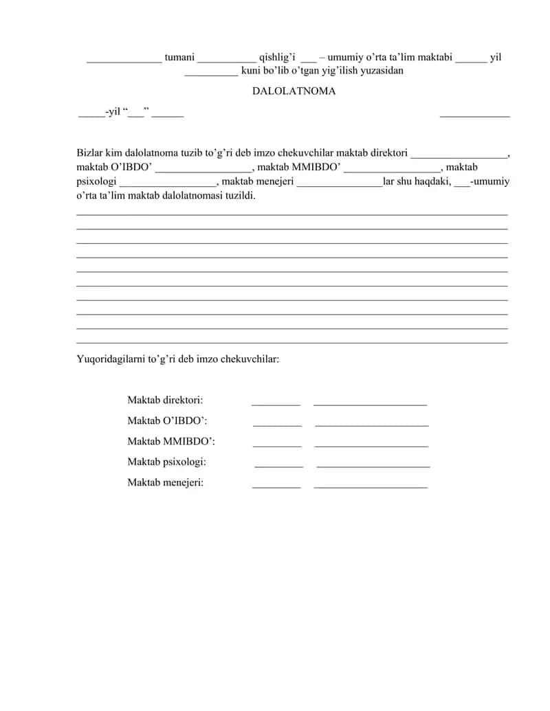 Maktab xodimiga Dalolatnoma shabloni 1
