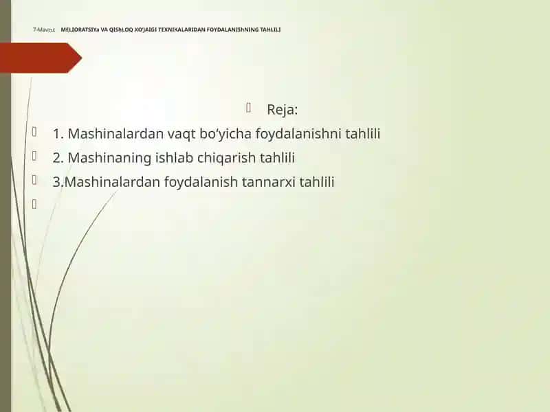 MELIORATSIYaVAQIShLOQXO‘JAIGI TEXNIKALARIDANFOYDALANIShNING TAHLILI