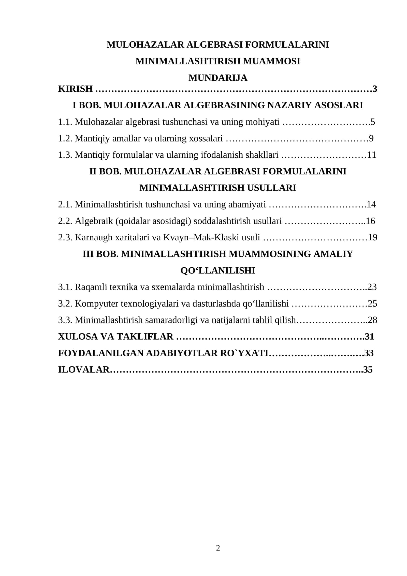 MULOHAZALAR ALGEBRASI FORMULALARINI MINIMALLASHTIRISH MUAMMOSI 1