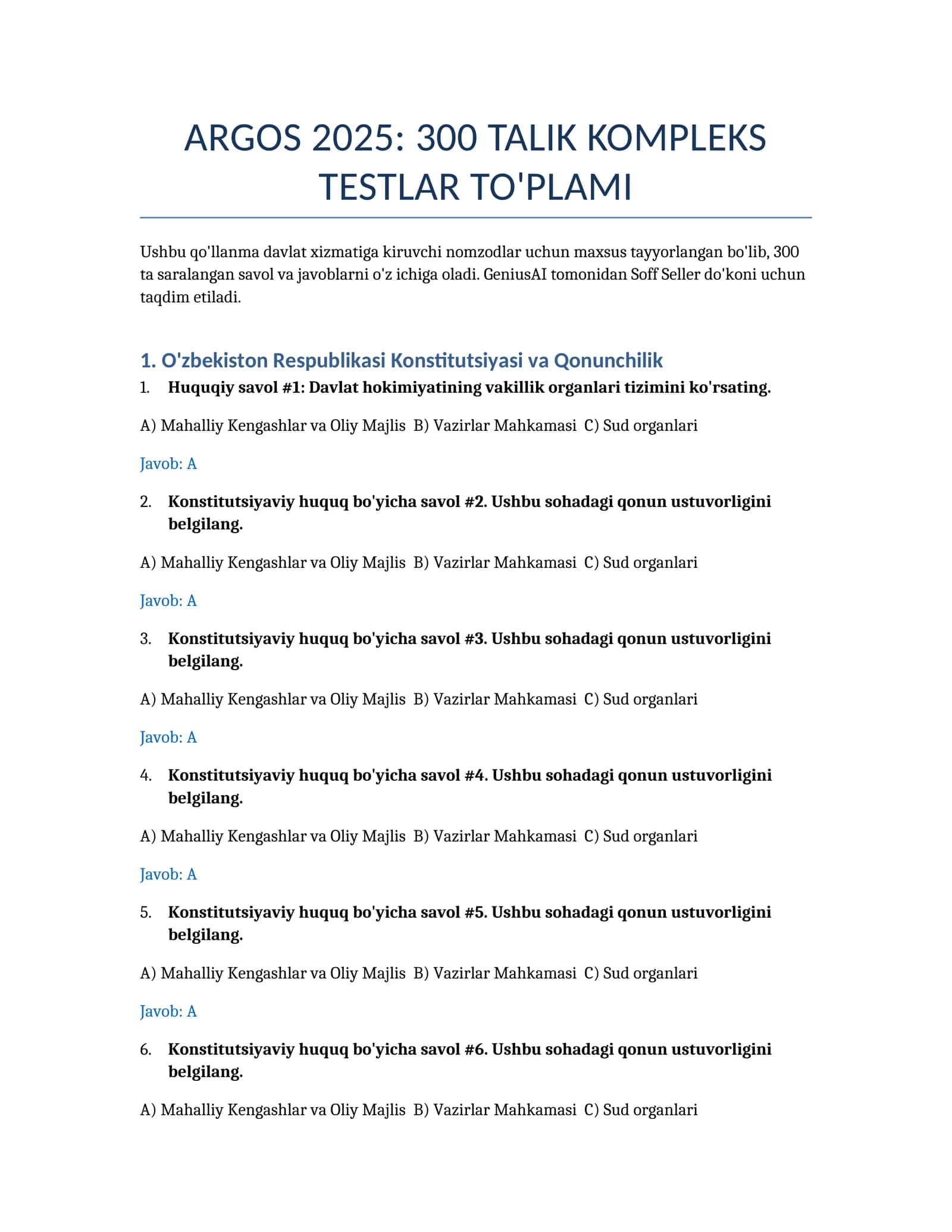 ARGOS 2025: 300 TALIK KOMPLEKS TESTLAR TO'PLAMI 1