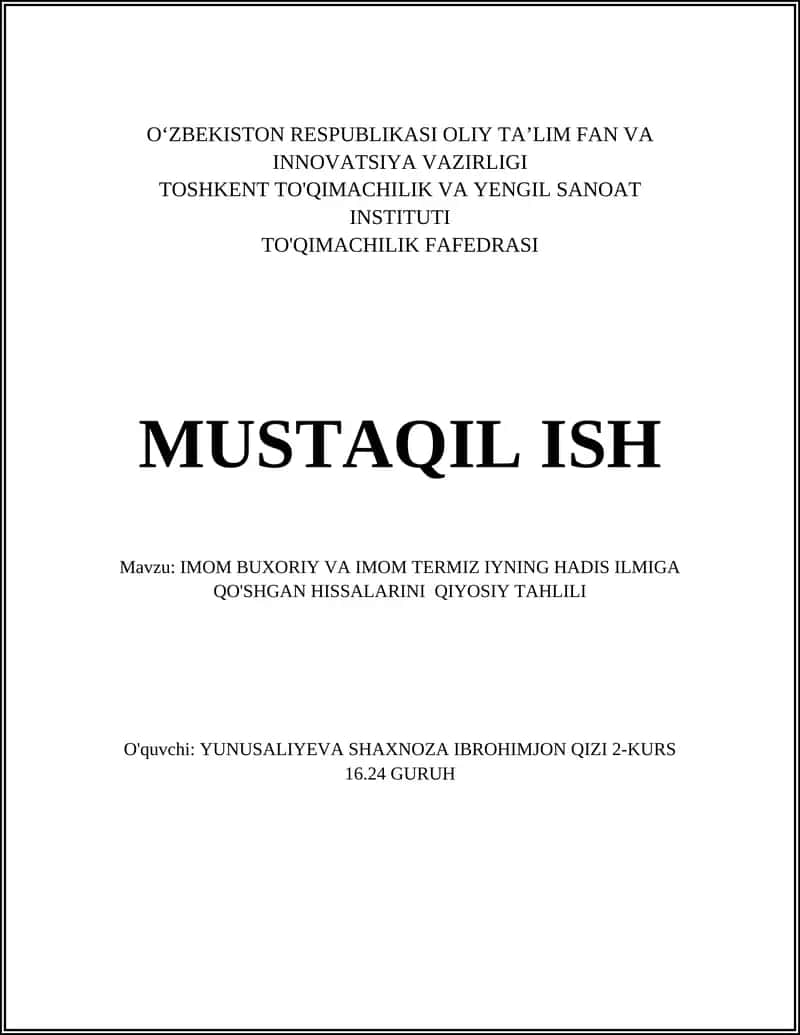 IMOM BUXORIY VA IMOM TERMIZ IYNING HADIS ILMIGA QO'SHGAN HISSALARINI QIYOSIY TAHLILI 1