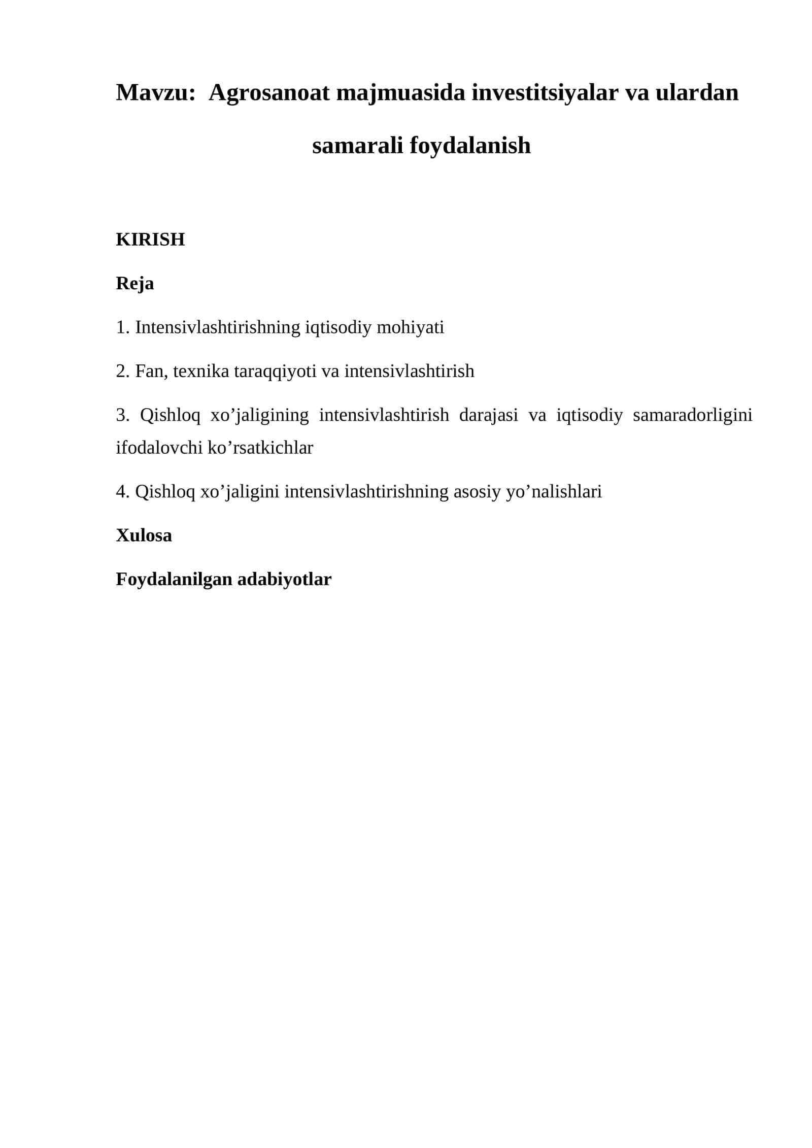 Agrosanoat majmuasida investitsiyalar va ulardan samarali foydalanish 1