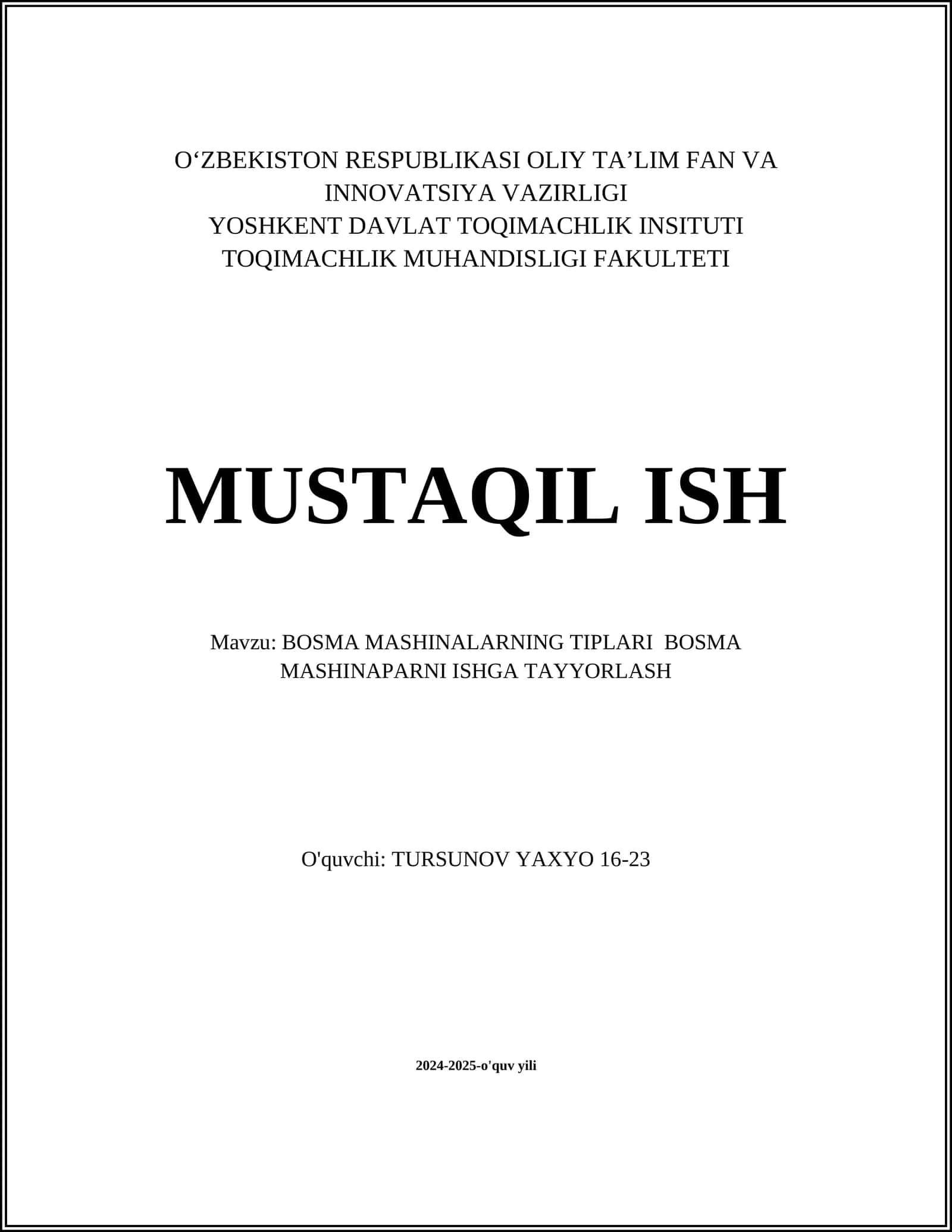 BOSMA MASHINALARNING TIPLARI BOSMA MASHINAPARNI ISHGA TAYYORLASH 1