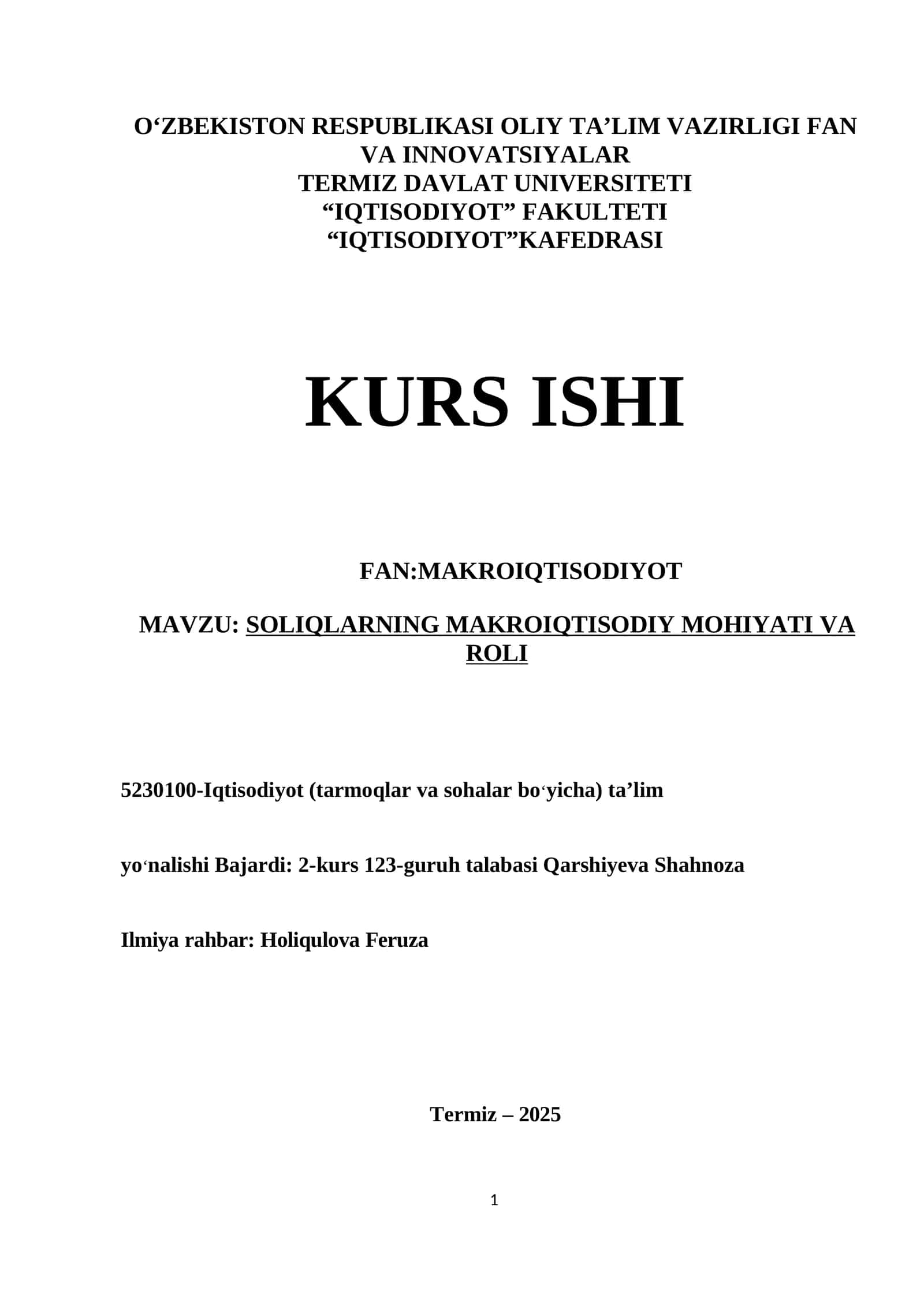 SOLIQLARNING MAKROIQTISODIY MOHIYATI VA ROLI 1