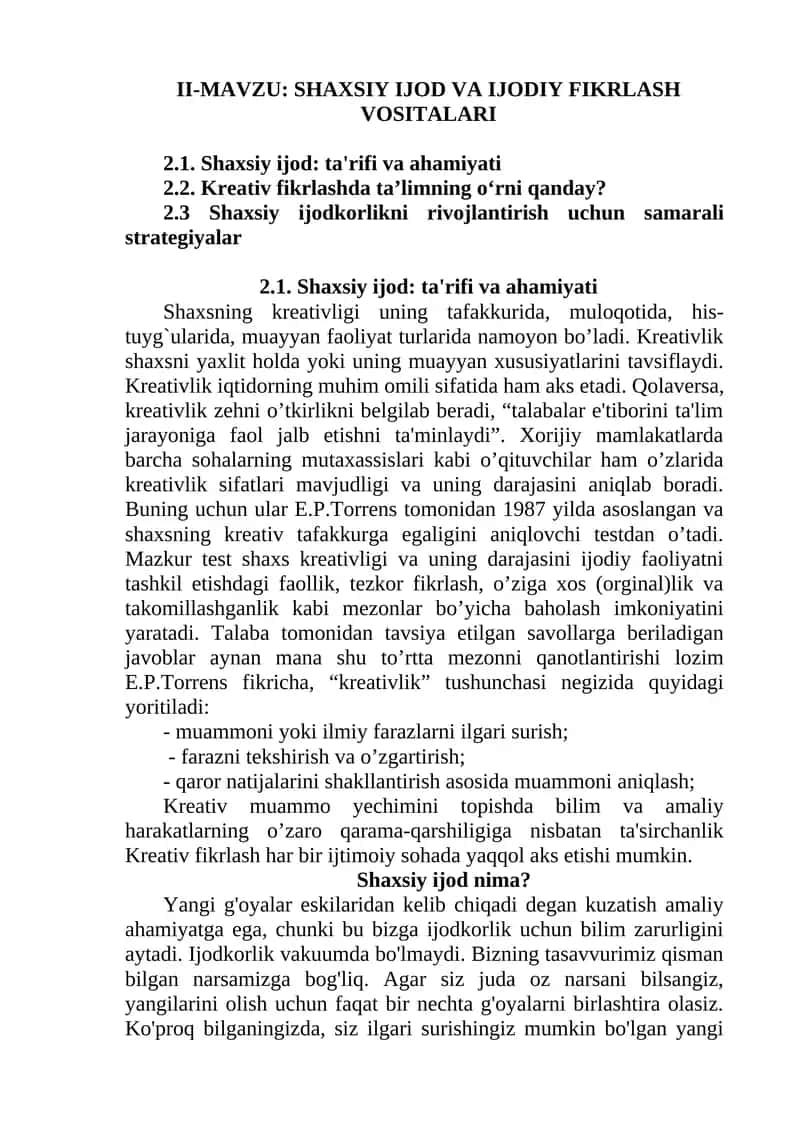 Shaxsiy Ijod va Ijodiy Fikrlash Vositalari 1