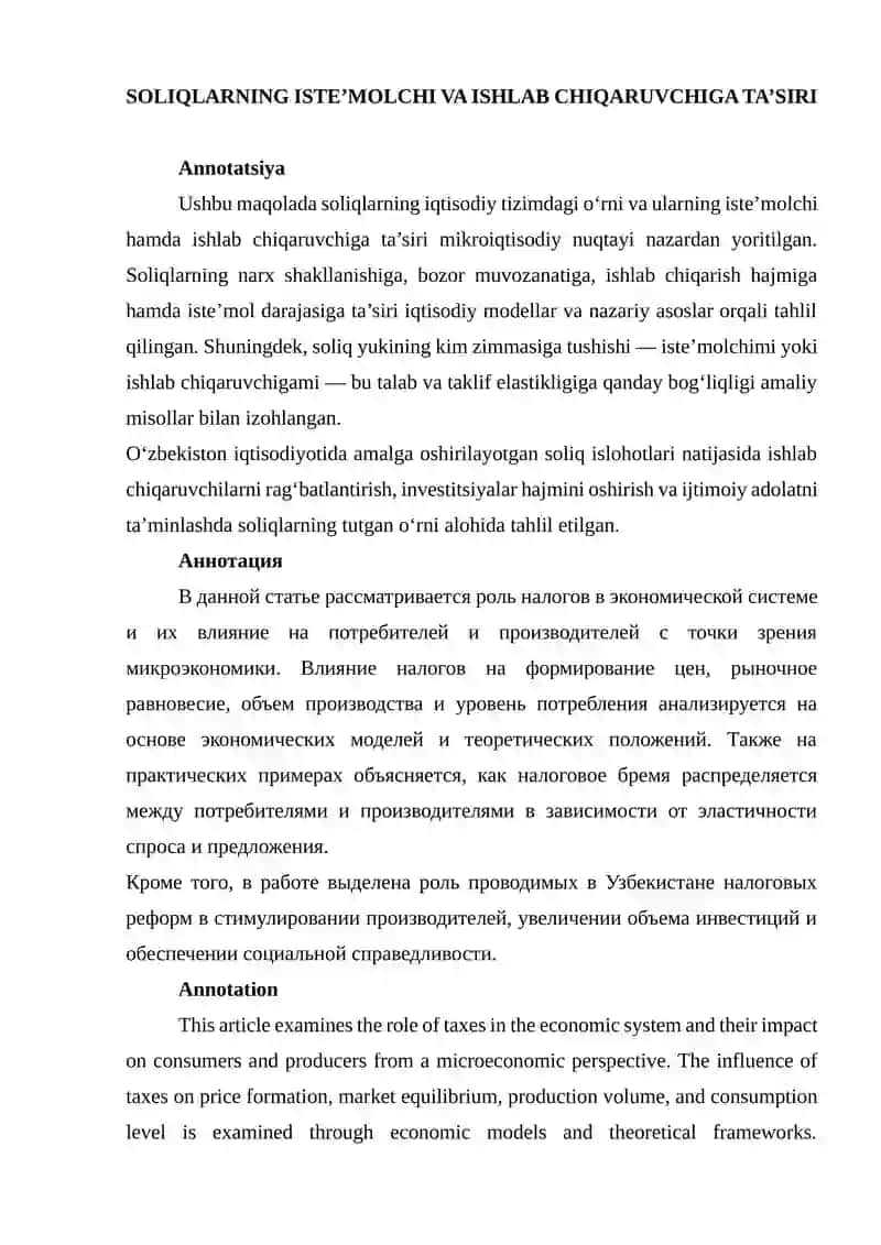 SOLIQLARNING ISTE’MOLCHI VA ISHLAB CHIQARUVCHIGA TA’SIRI