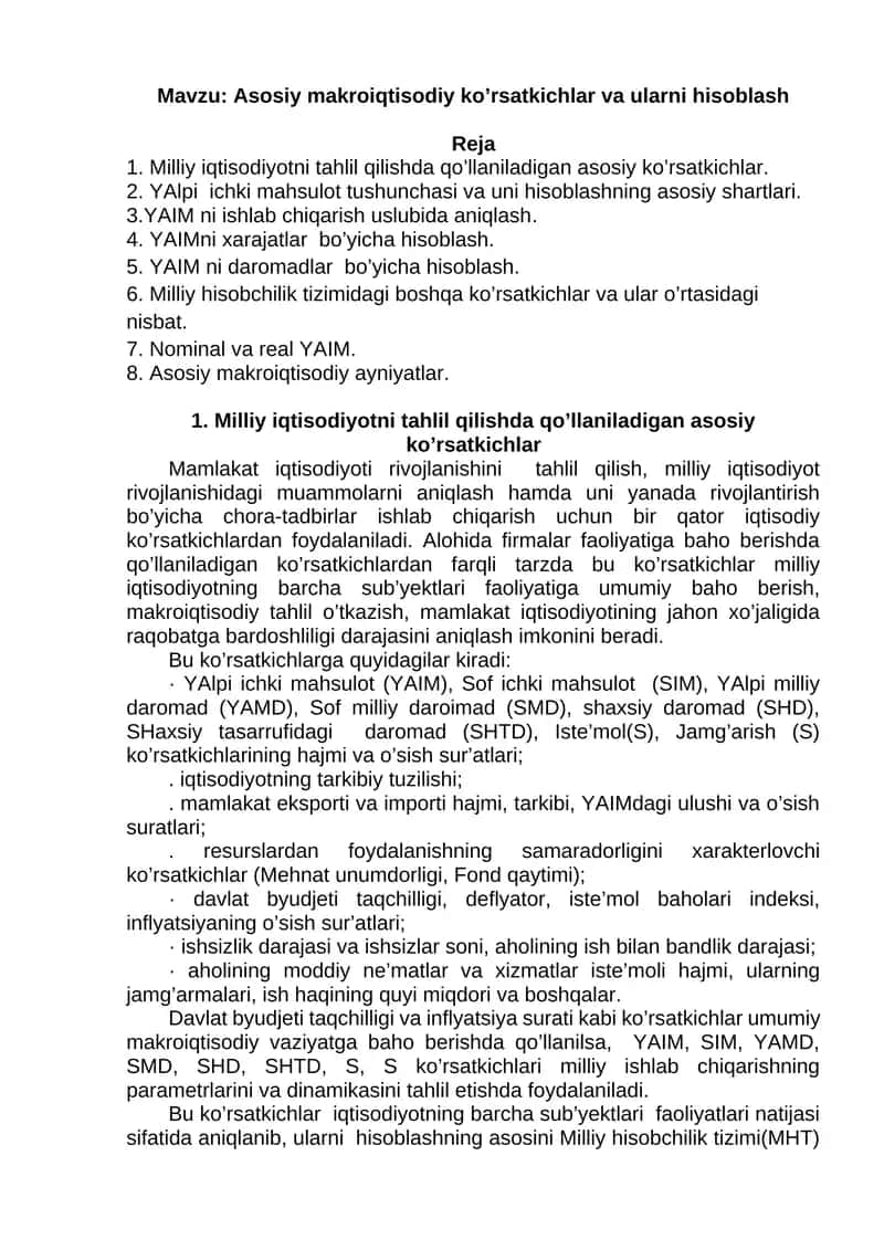 Asosiy makroiqtisodiy ko’rsatkichlar va ularni hisoblash 1