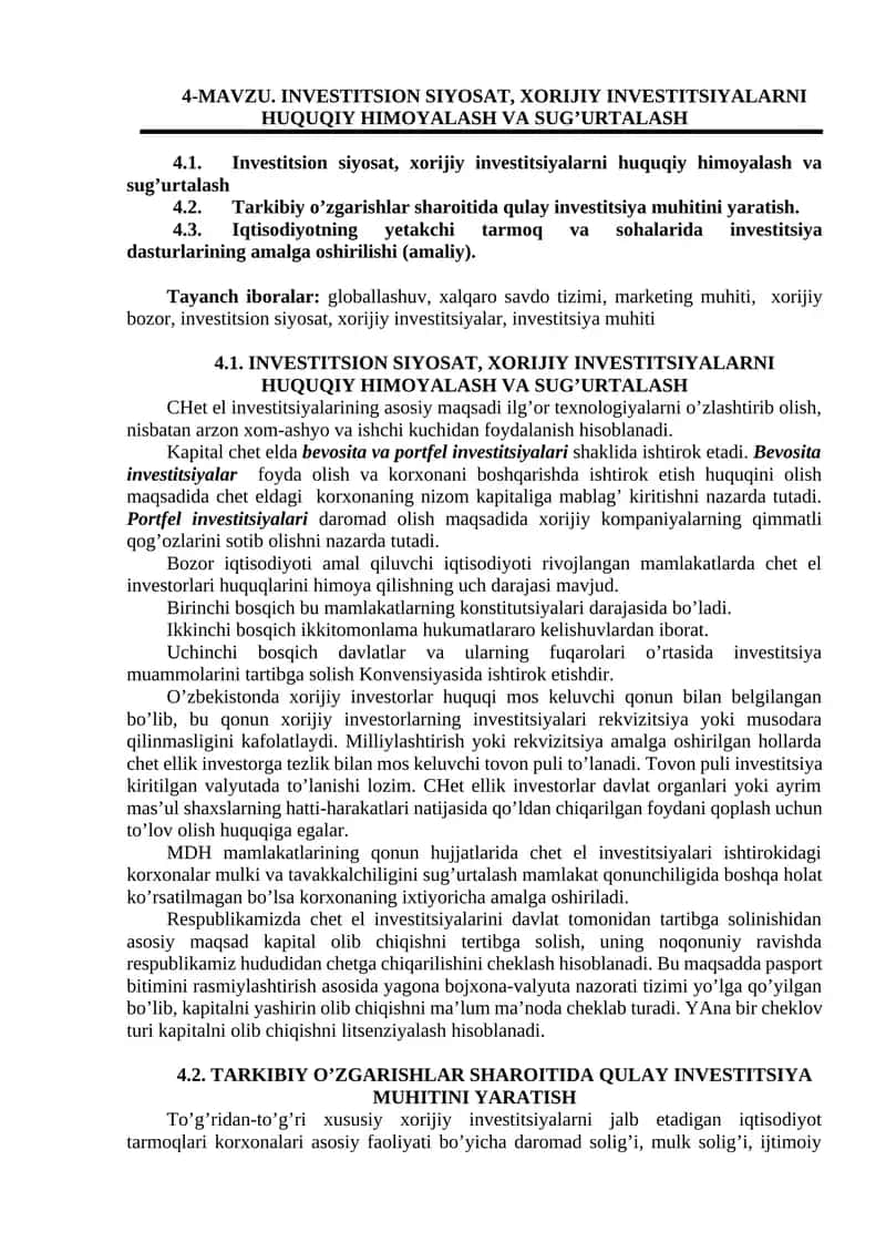 INVESTITSION SIYOSAT, XORIJIY INVESTITSIYALARNI HUQUQIY HIMOYALASH VA SUG’URTALASH 1